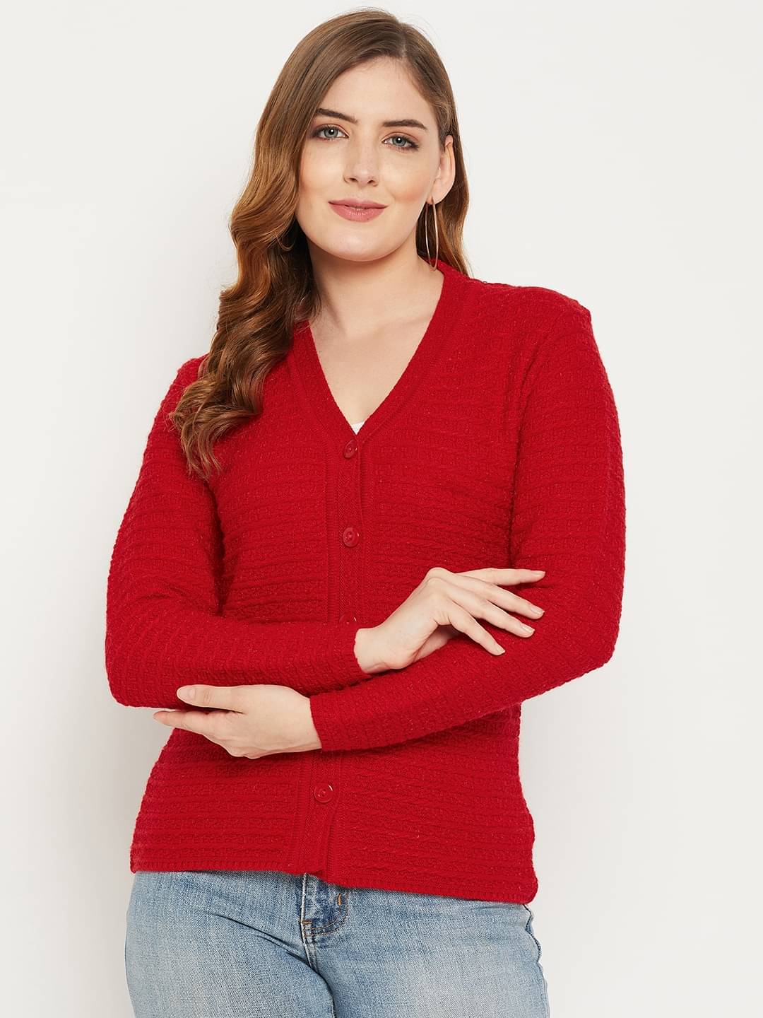 zigo Woollen V Neck Women's Buttoned Cardigans - Red (Pack of 1) zigo Woollen V Neck Women's Buttoned Cardigans - Red (Pack of 1)