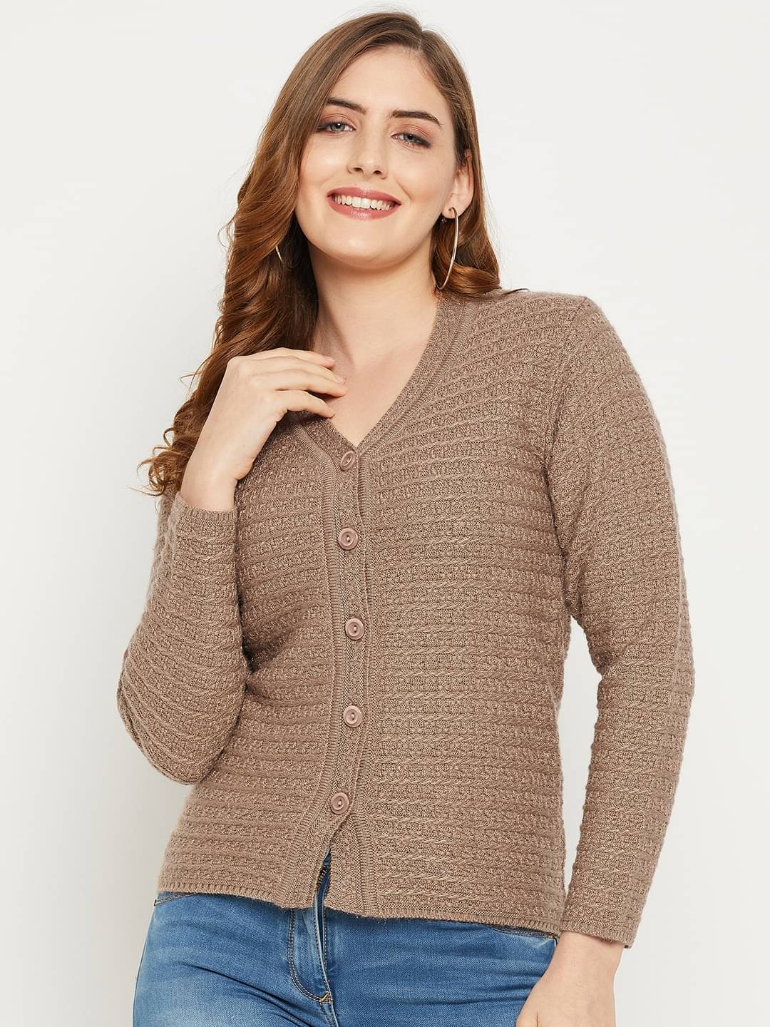 zigo Woollen V Neck Women's Buttoned Cardigans - Brown (Pack of 1) zigo Woollen V Neck Women's Buttoned Cardigans - Brown (Pack of 1)