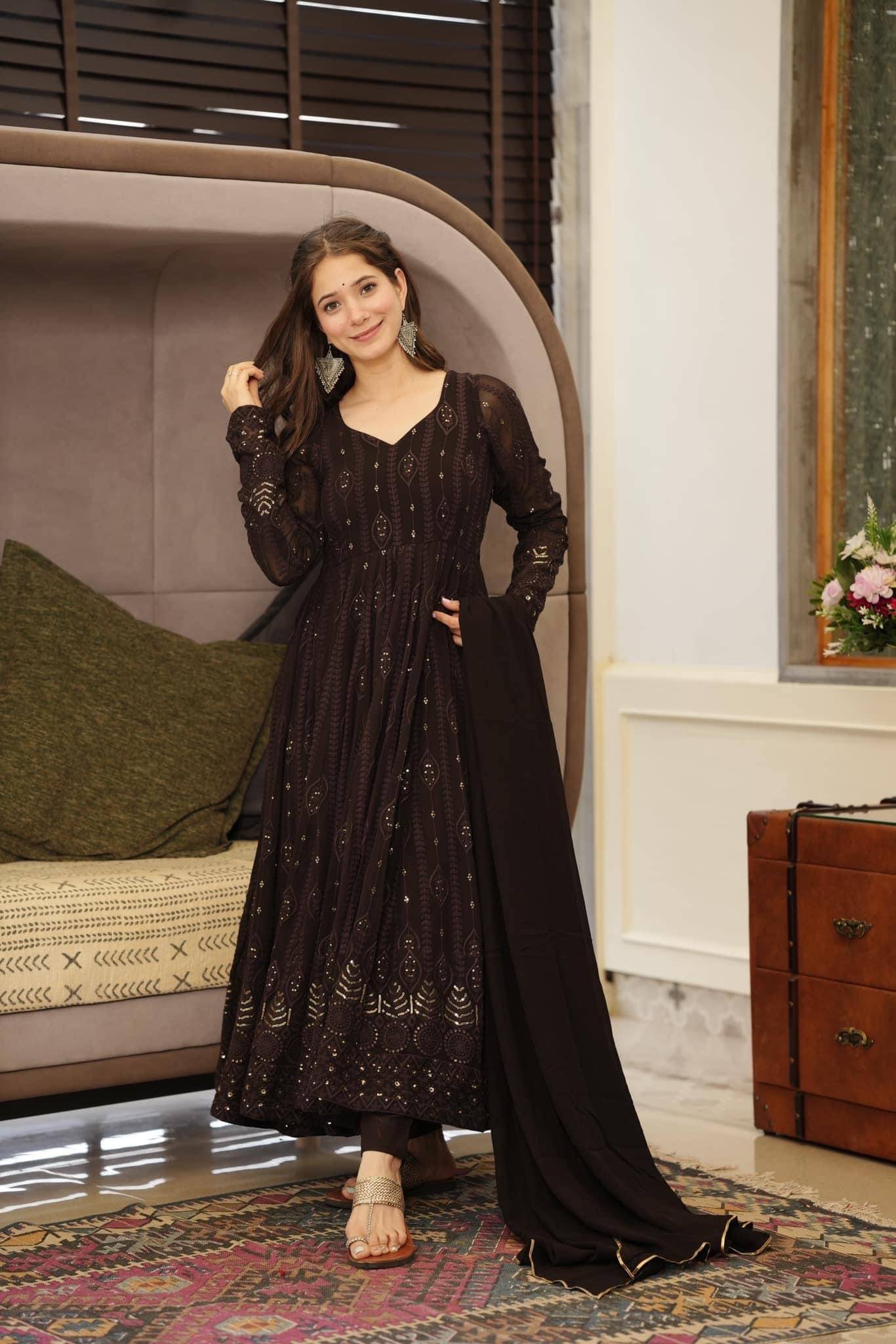     			Estela Georgette Embellished Kurti With Pants Women's Stitched Salwar Suit - Brown ( Pack of 1 )
