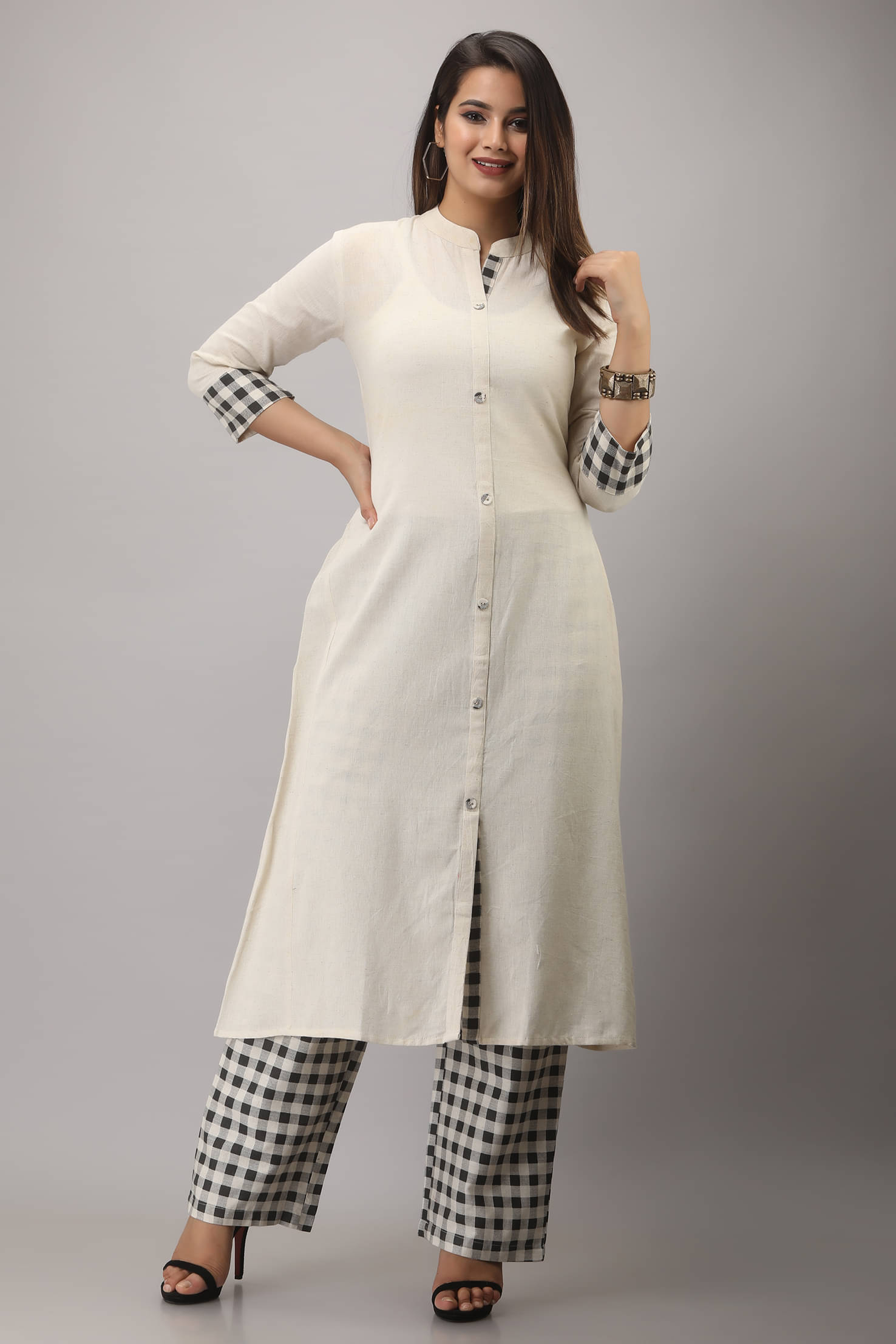     			MAUKA Cotton Checks Kurti With Palazzo Women's Stitched Salwar Suit - Off White ( Pack of 1 )
