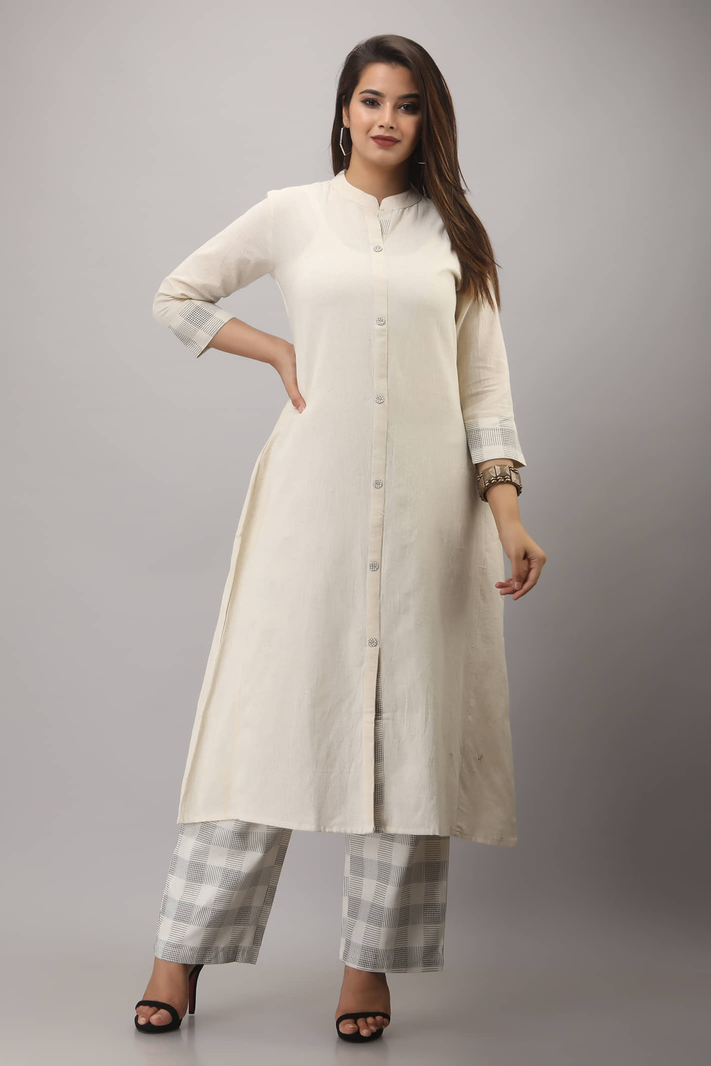 MAUKA Cotton Checks Kurti With Palazzo Women's Stitched Salwar Suit - White ( Pack of 1 )
