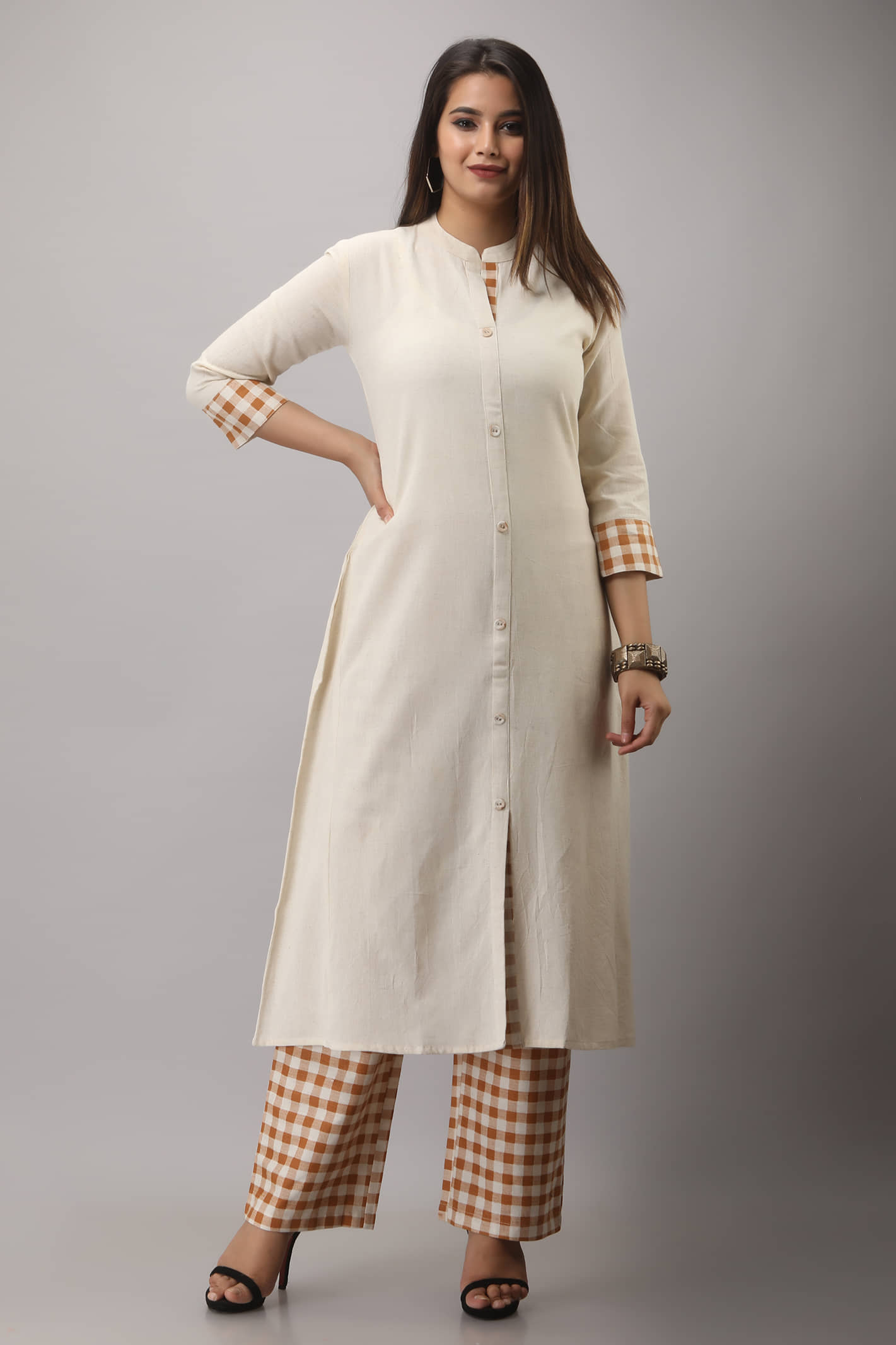 MAUKA Cotton Checks Kurti With Palazzo Women's Stitched Salwar Suit - White ( Pack of 1 )