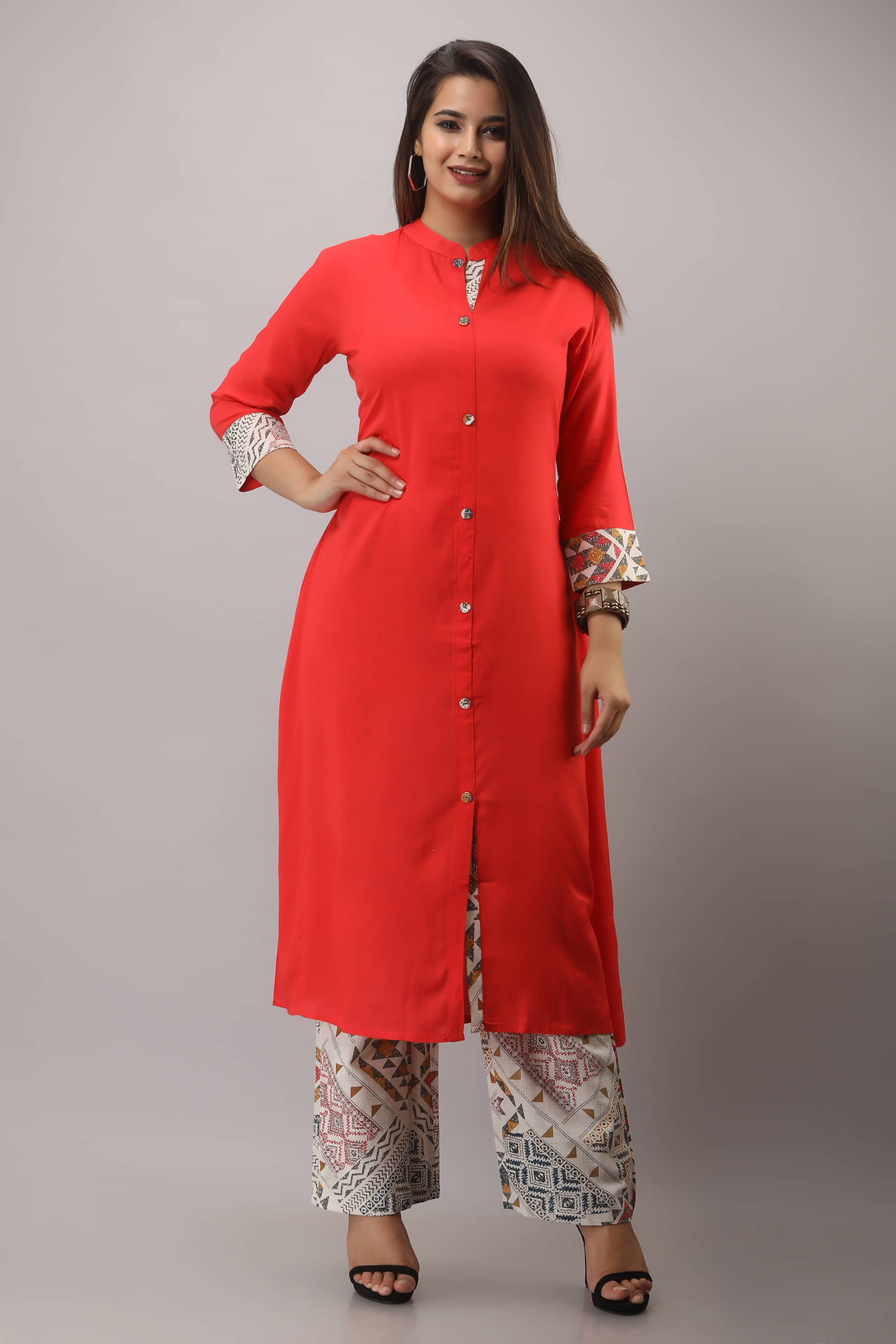 MAUKA Cotton Printed Kurti With Palazzo Women's Stitched Salwar Suit - Red ( Pack of 1 ) MAUKA Cotton Printed Kurti With Palazzo Women's Stitched Salwar Suit - Red ( Pack of 1 )