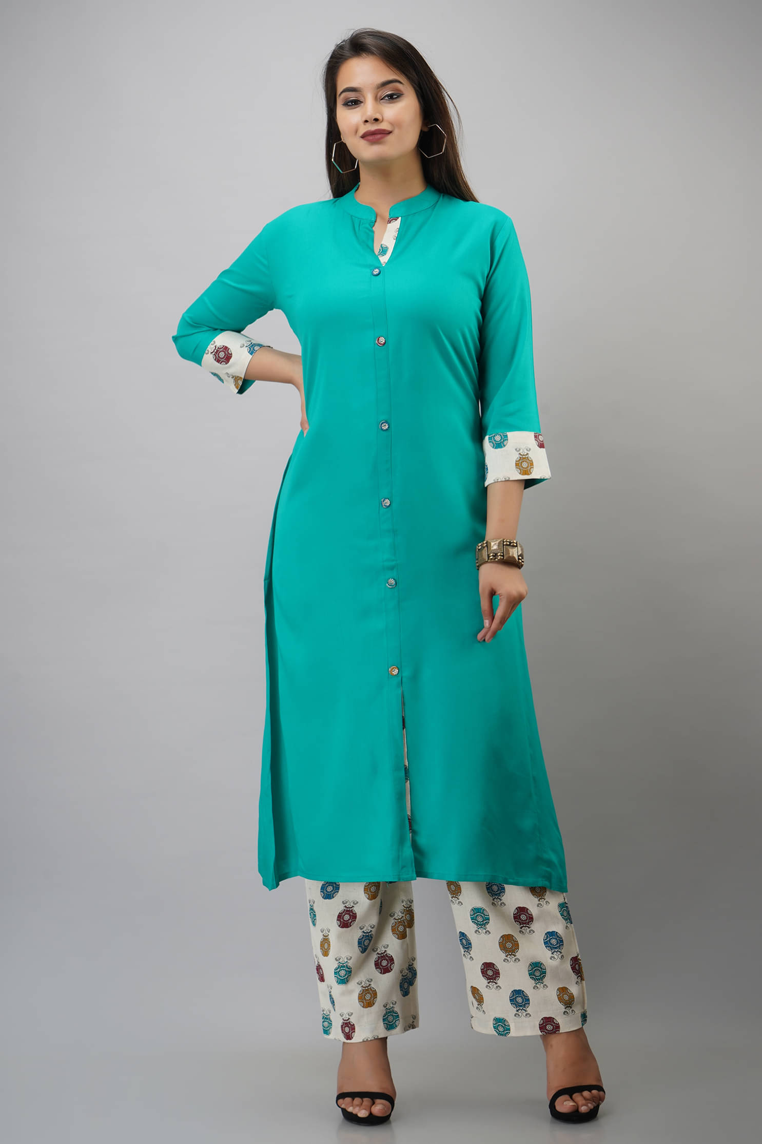 MAUKA Rayon Printed Kurti With Palazzo Women's Stitched Salwar Suit - Turquoise ( Pack of 1 ) MAUKA Rayon Printed Kurti With Palazzo Women's Stitched Salwar Suit - Turquoise ( Pack of 1 )