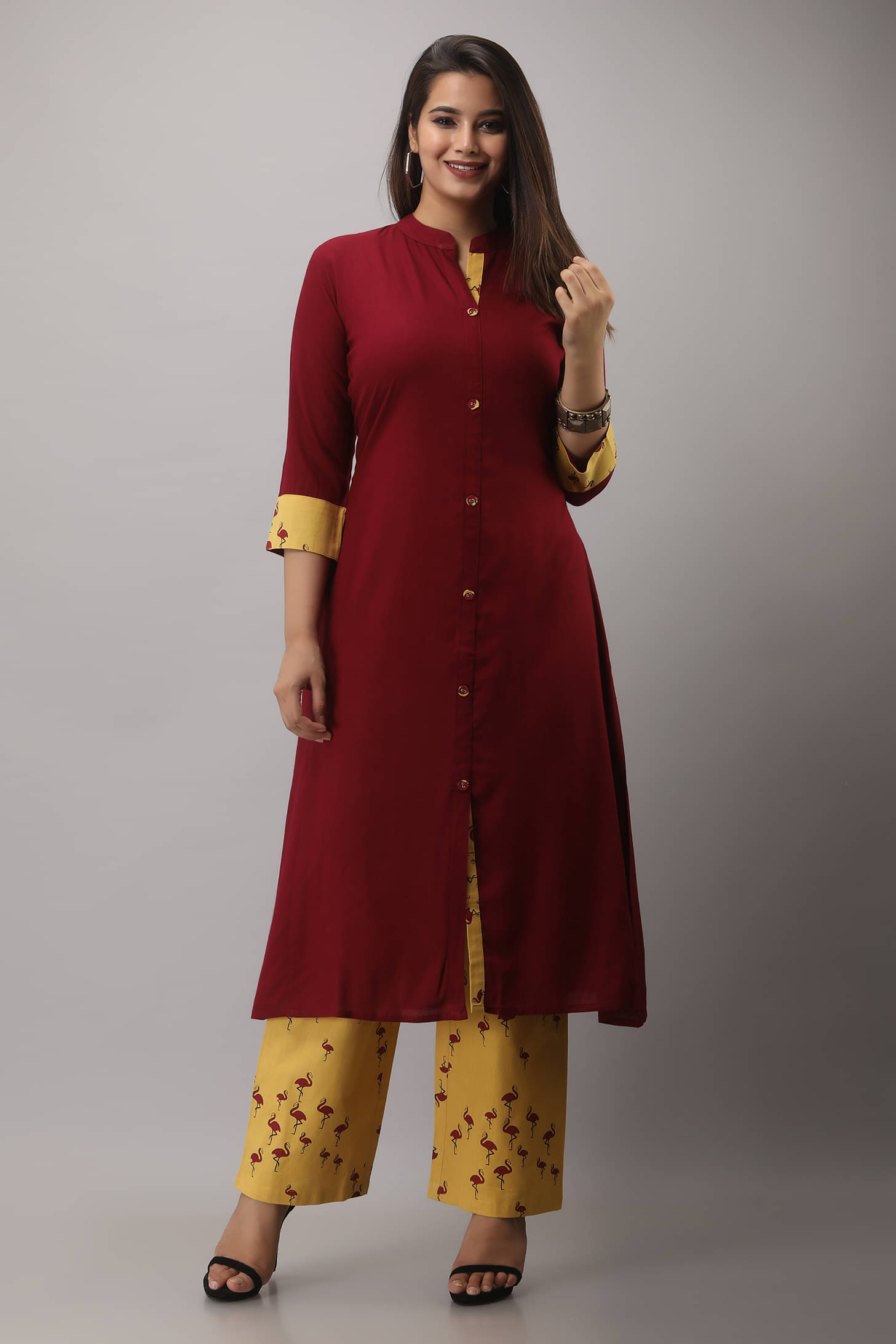     			MAUKA Rayon Printed Kurti With Palazzo Women's Stitched Salwar Suit - Maroon ( Pack of 1 )