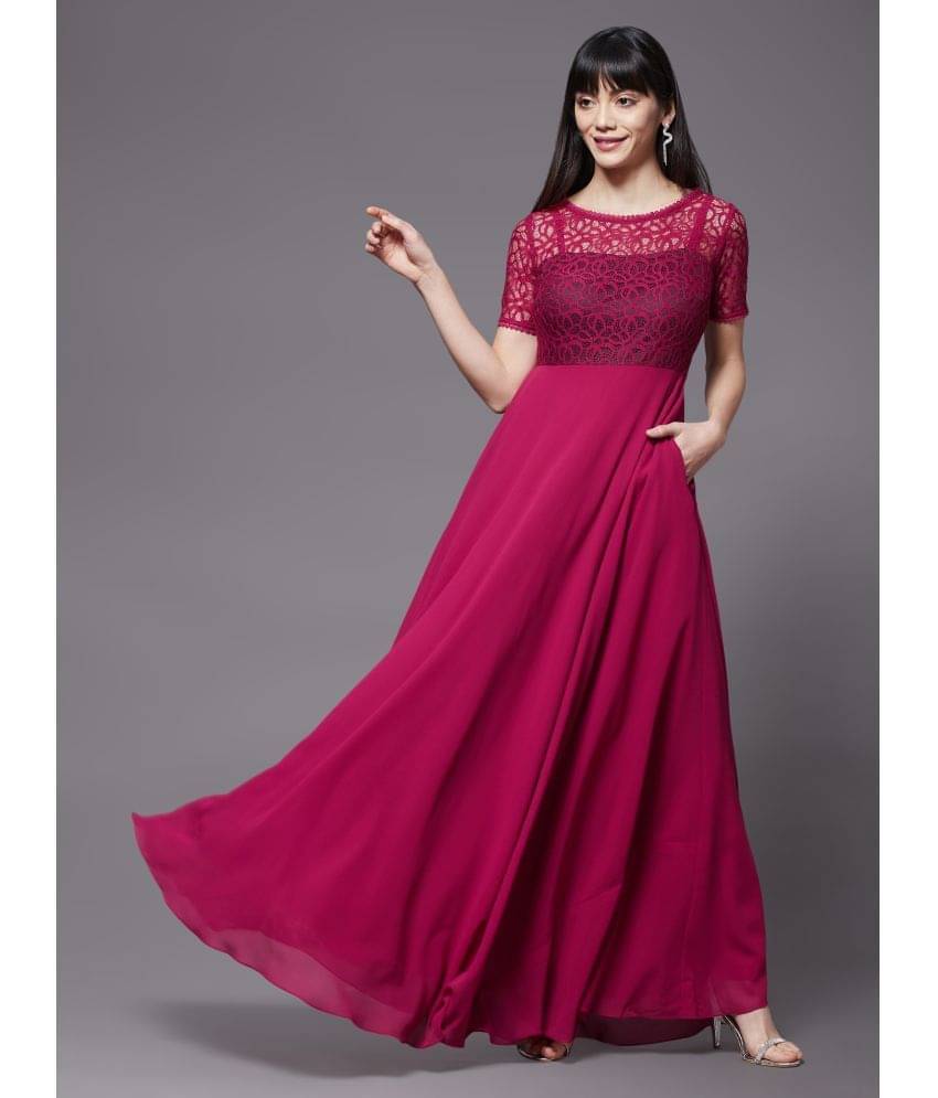 Miss Chase Women Georgette Solid Fit & Flare Dress ( Pink ) Miss Chase Women Georgette Solid Fit & Flare Dress ( Pink )