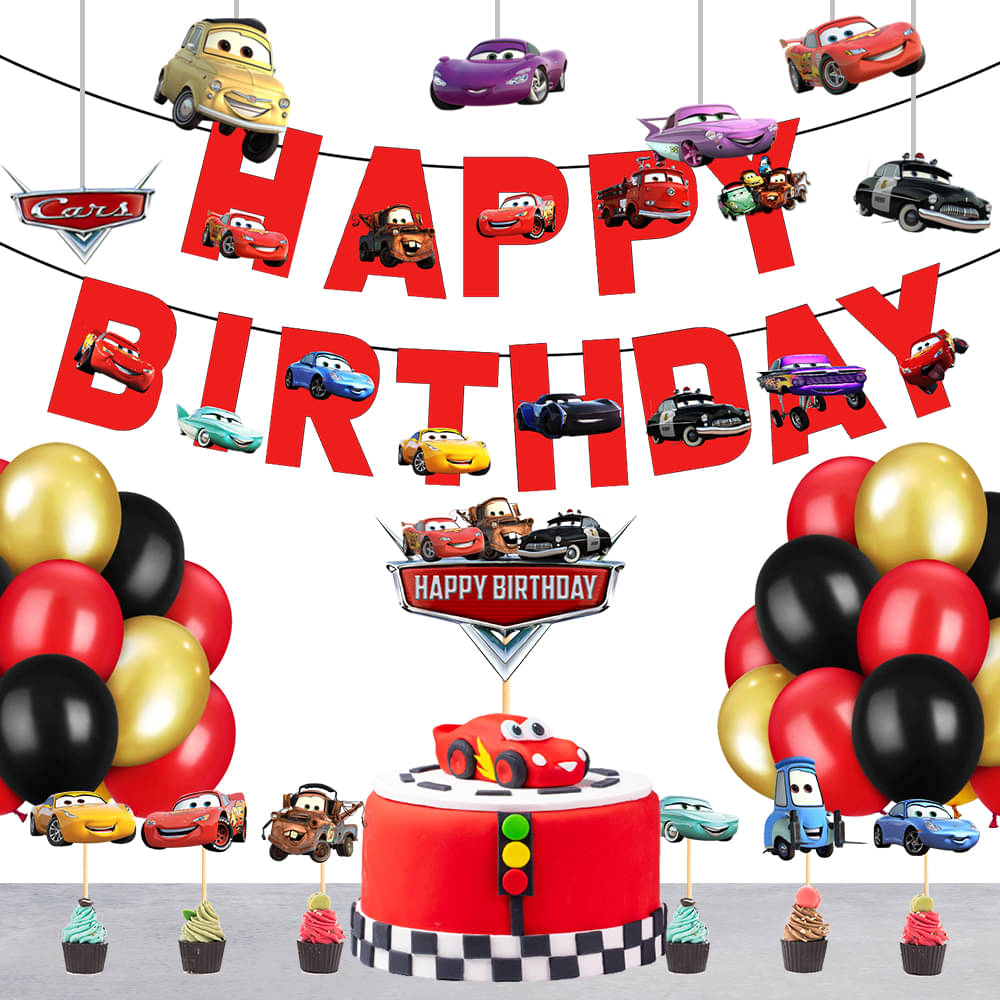     			Cars Theme Birthday Banner + 1 pc. Cake Topper+ 6 Pc. Cutout+ 6 Pc. Cupcake Topper+ 30 Metallic Balloon (Golden, Black, Red) Birthday Decorations Kit, Birthday Decoration items, Birthday Balloon Decoration Combo For Boys, Girls, Kids.