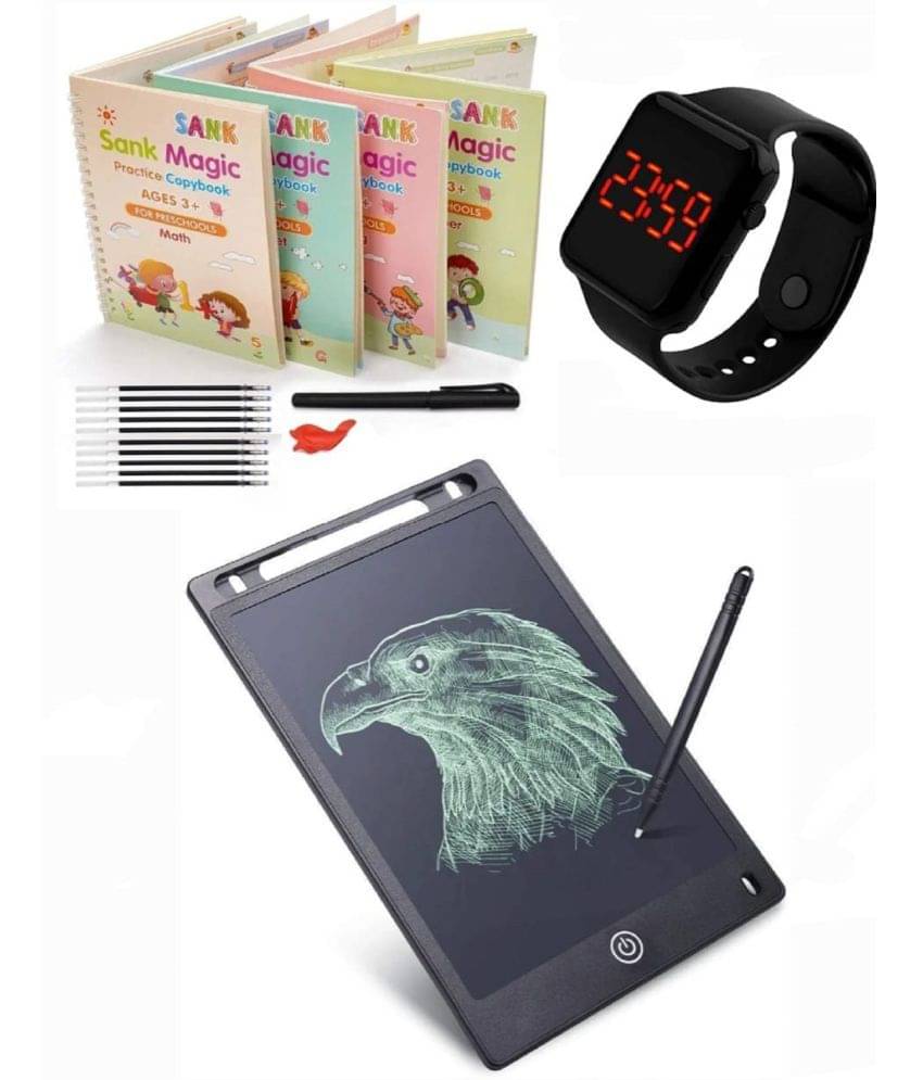 Combo Of 3 Pack - Sank Magic Practice Copy Book & LCD Writing Tablet Slate & Stylish Digital Black Display Square LED Watch Multicolor By Vinay Book Store Combo Of 3 Pack - Sank Magic Practice Copy Book & LCD Writing Tablet Slate & Stylish Digital Black Display Square LED Watch Multicolor By Vinay Book Store
