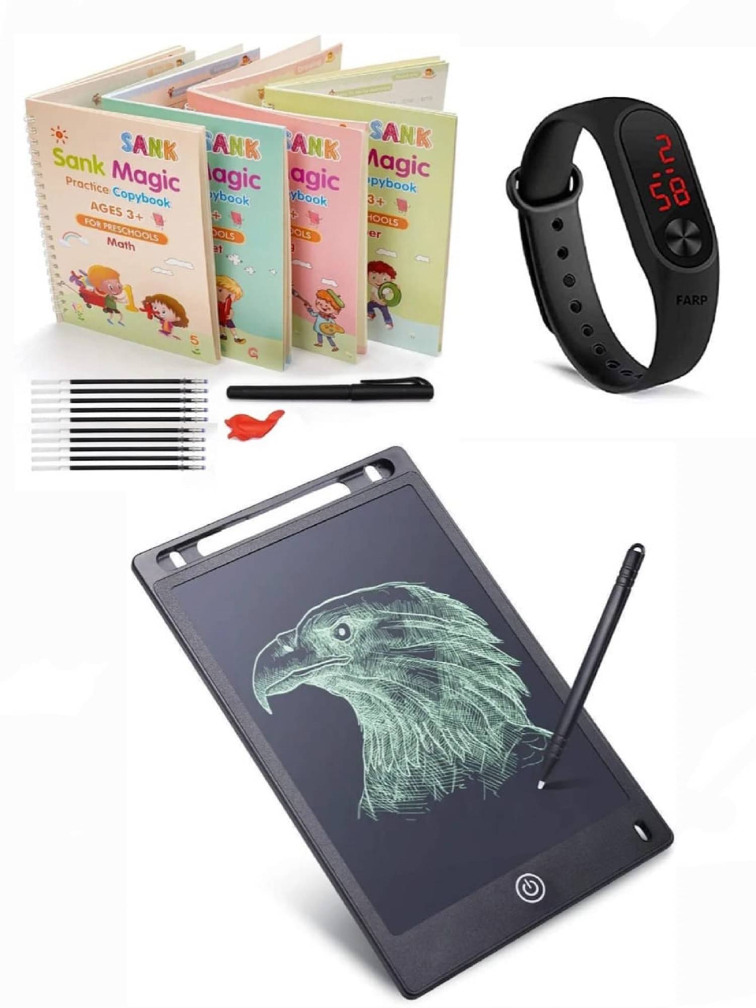 Combo Of 3 Pack - Sank Magic Practice Copy book & LCD Writing Tablet slate & LED Band Watch Digitel Multicolor By Laxmi Z book Store Combo Of 3 Pack - Sank Magic Practice Copy book & LCD Writing Tablet slate & LED Band Watch Digitel Multicolor By Laxmi Z book Store