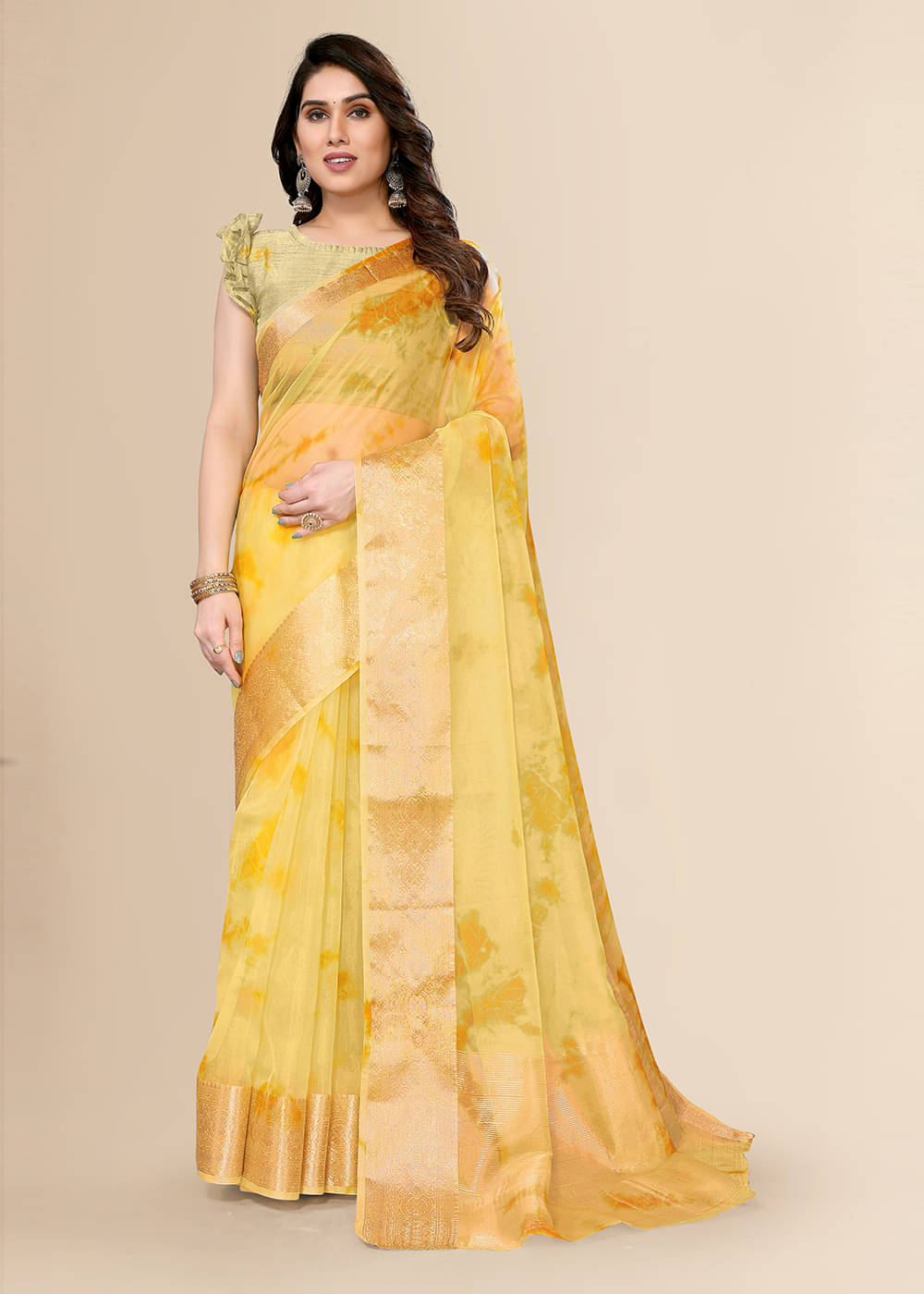     			FABMORA Organza Colorblock Saree With Unstitched Blouse Piece ( Yellow )
