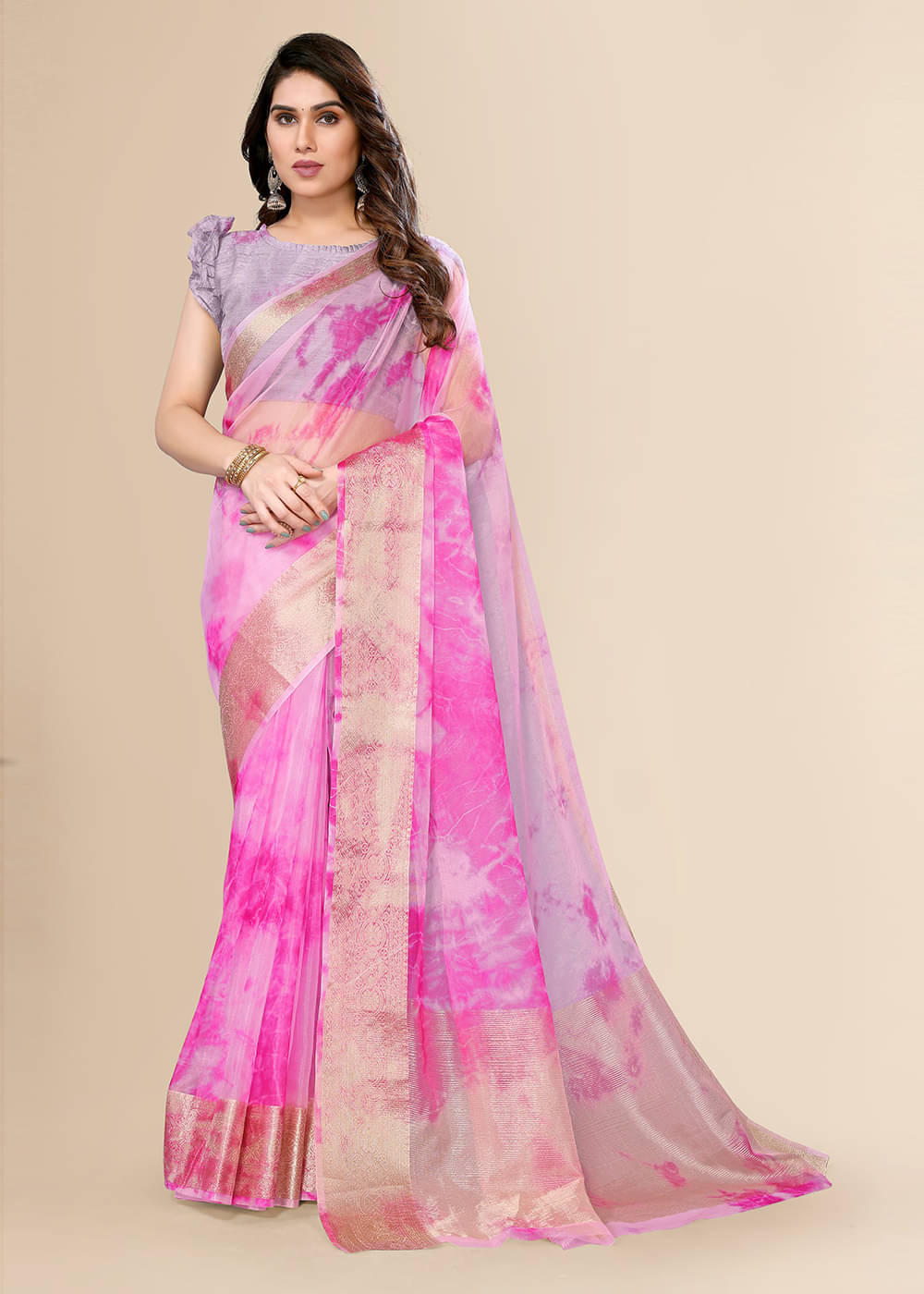 FABMORA Organza Colorblock Saree With Unstitched Blouse Piece ( Pink )     			FABMORA Organza Colorblock Saree With Unstitched Blouse Piece ( Pink )