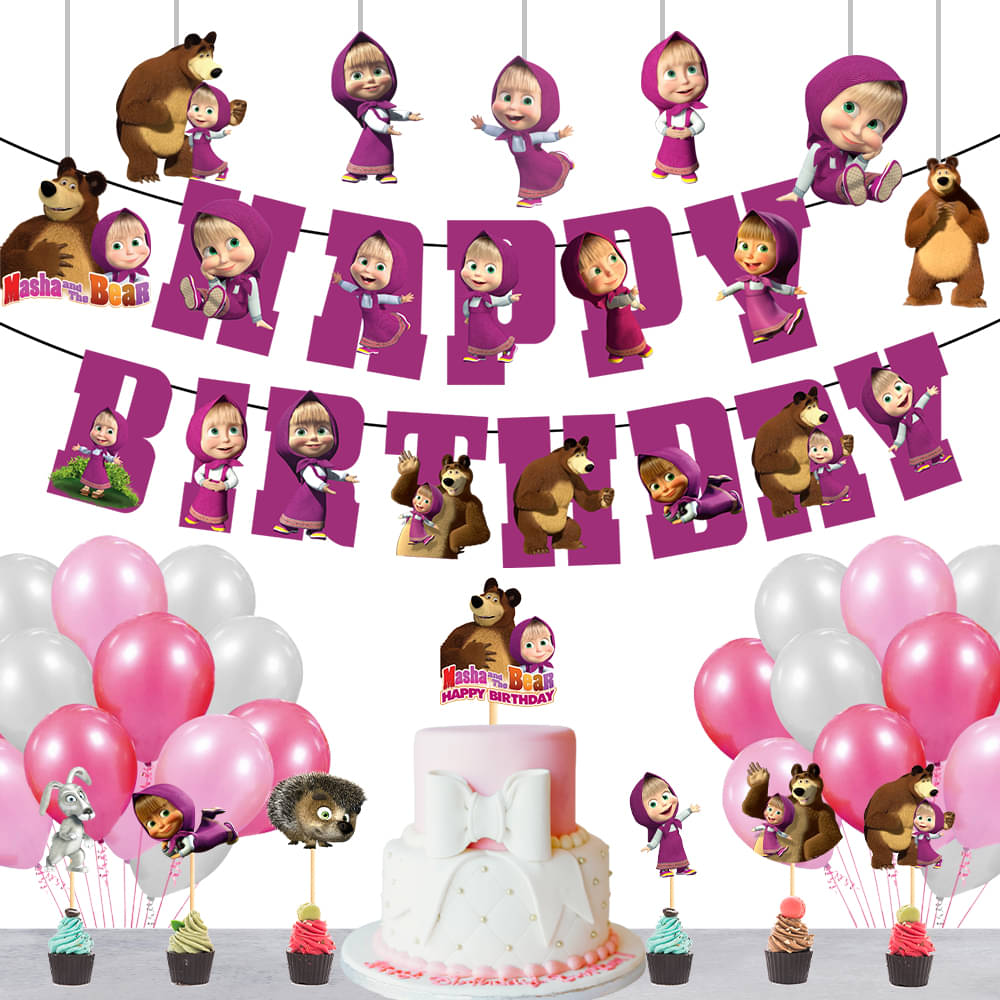     			Masha Bear Theme Birthday Banner + 1 pc. Cake Topper+ 7 Pc. Cutout+ 6 Pc. Cupcake Topper+ 30 Metallic Balloon (Pink, White) Birthday Decorations Kit, Birthday Decoration items, Birthday Balloon Decoration Combo For Boys, Girls, Kids.