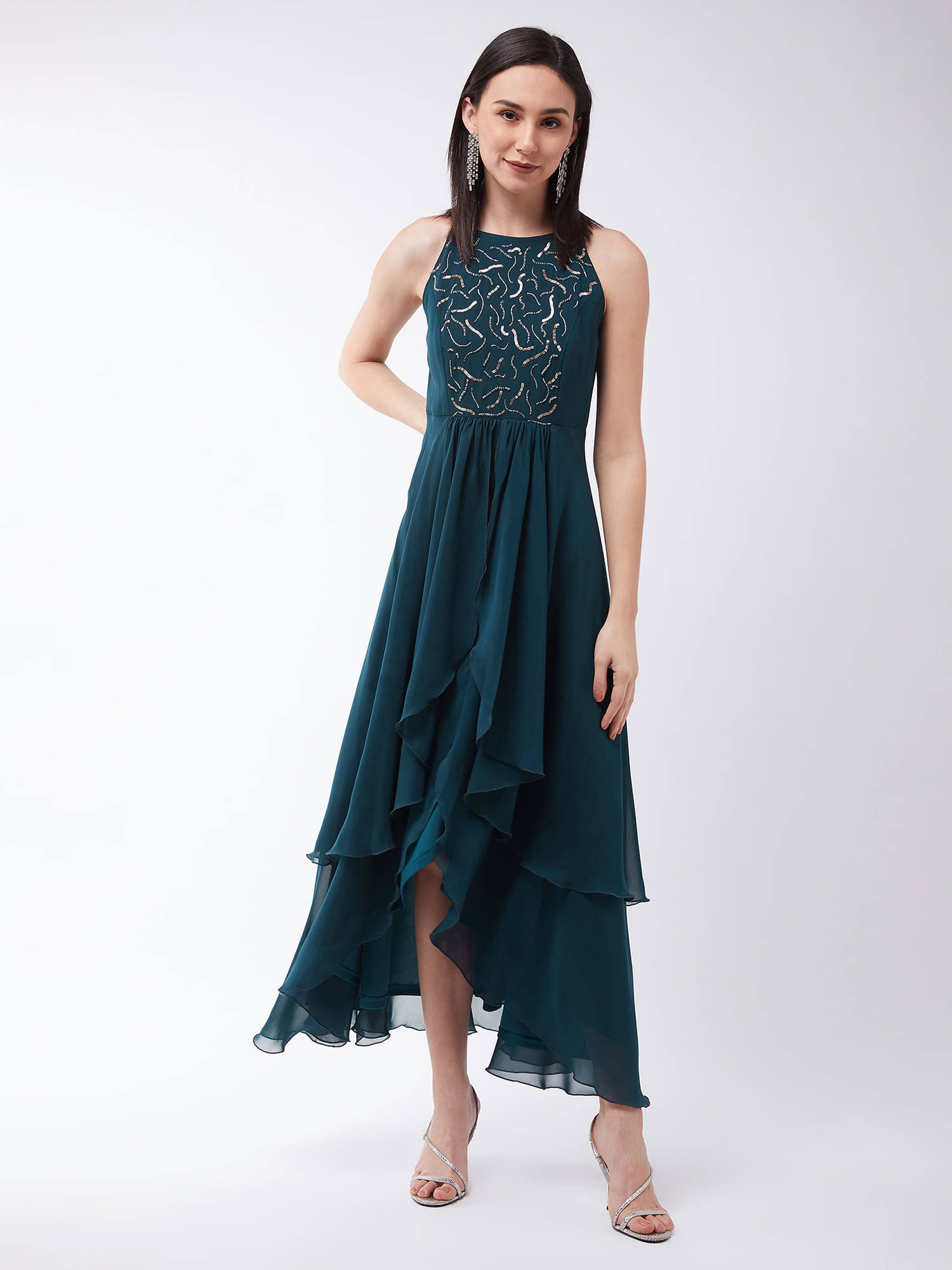Miss Chase Women Polyester Solid Fit & Flare Dress ( Teal ) Miss Chase Women Polyester Solid Fit & Flare Dress ( Teal )
