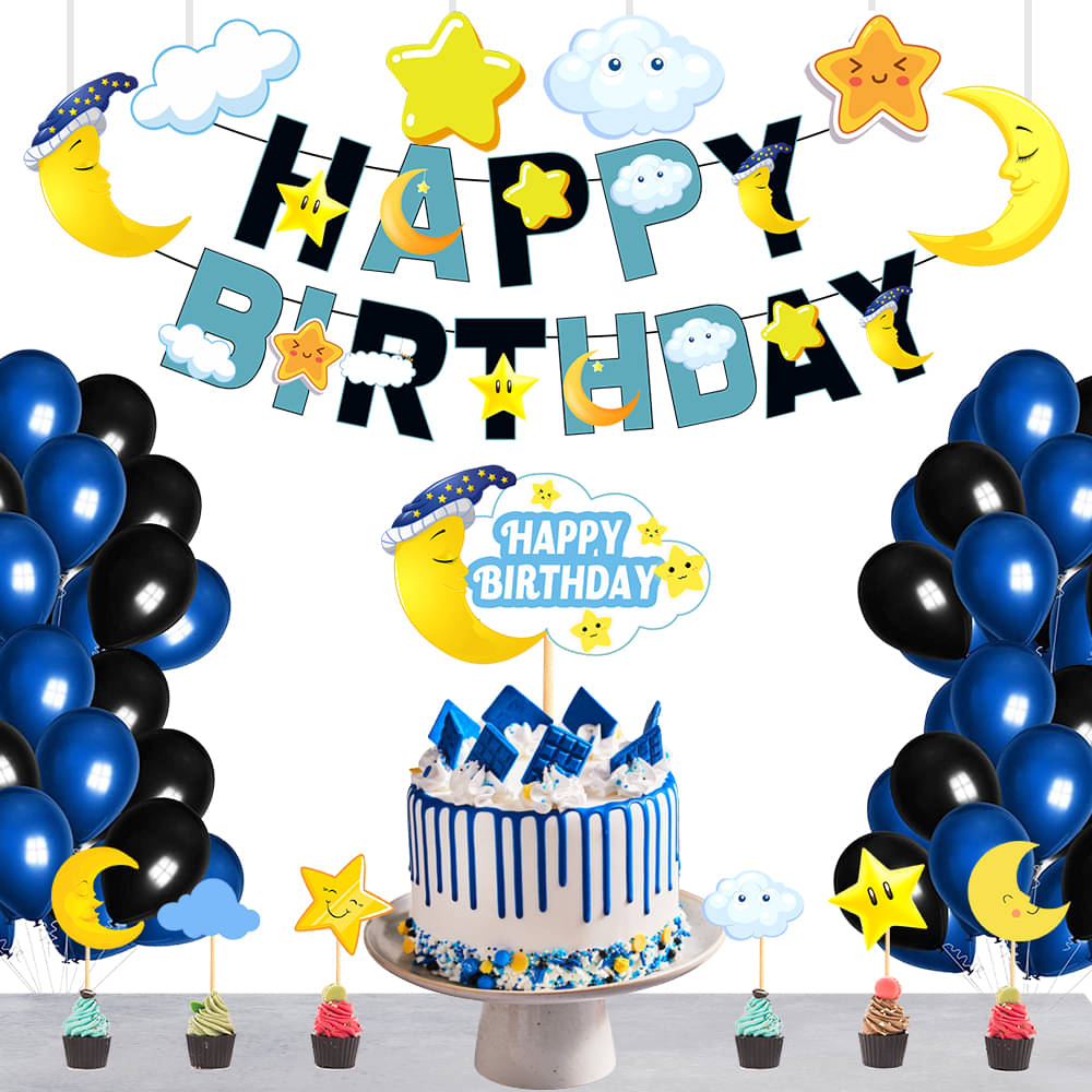     			Moon Star Space Theme Birthday Banner + 1 pc. Cake Topper+ 6 Pc. Cutout+ 6 Pc. Cupcake Topper+ 30 Metallic Balloon (Black, Blue) Birthday Decorations Kit, Birthday Decoration items, Birthday Balloon Decoration Combo For Boys, Girls, Kids.