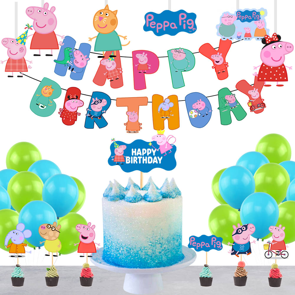     			Peppa Pig Theme Birthday Banner + 1 pc. Cake Topper+ 6 Pc. Cutout+ 6 Pc. Cupcake Topper+ 30 Metallic Balloon (Light Green, Light Blue) Birthday Decorations Kit, Birthday Decoration items, Birthday Balloon Decoration Combo For Boys, Girls, Kids.