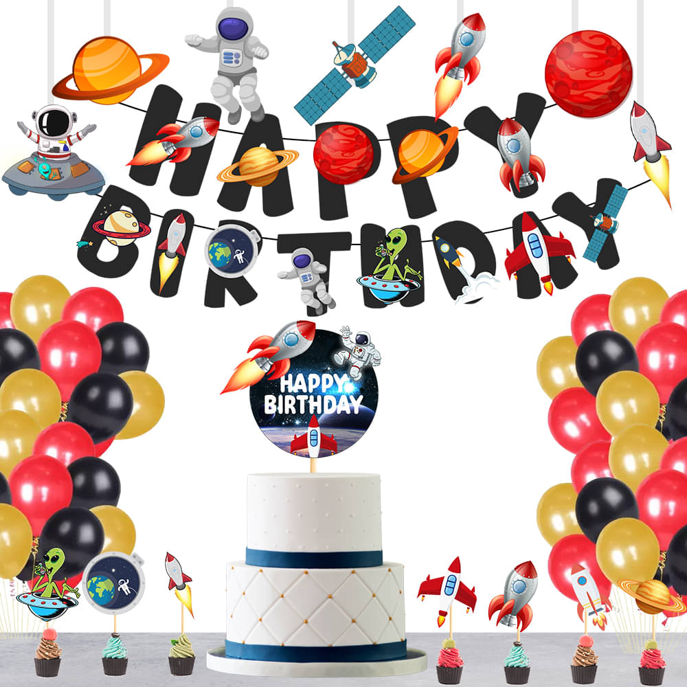     			Space Astronaut Theme Birthday Banner + 1 pc. Cake Topper+ 7 Pc. Cutout+ 7 Pc. Cupcake Topper+ 30 Metallic Balloon (Golden, Black, Red) Birthday Decorations Kit, Birthday Decoration items, Birthday Balloon Decoration Combo For Boys, Girls, Kids.