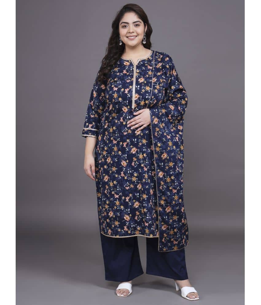 Tissu Cotton Printed Kurti With Palazzo Women's Stitched Salwar Suit - Navy ( Pack of 1 )