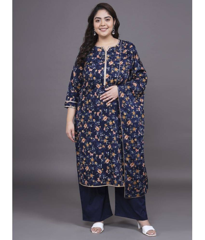     			Tissu Cotton Printed Kurti With Palazzo Women's Stitched Salwar Suit - Navy ( Pack of 1 )