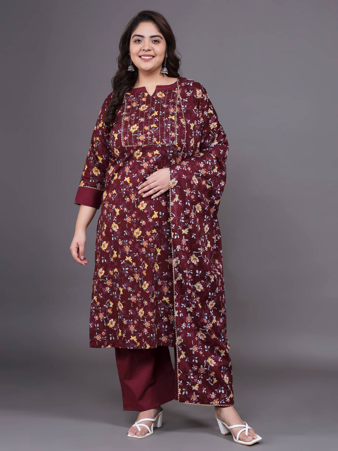     			Tissu Cotton Printed Kurti With Palazzo Women's Stitched Salwar Suit - Maroon ( Pack of 1 )
