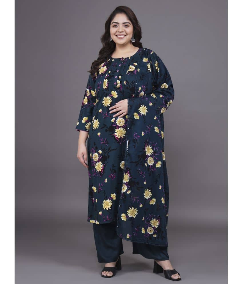 Tissu Rayon Printed Kurti With Palazzo Women's Stitched Salwar Suit - Navy ( Pack of 1 )