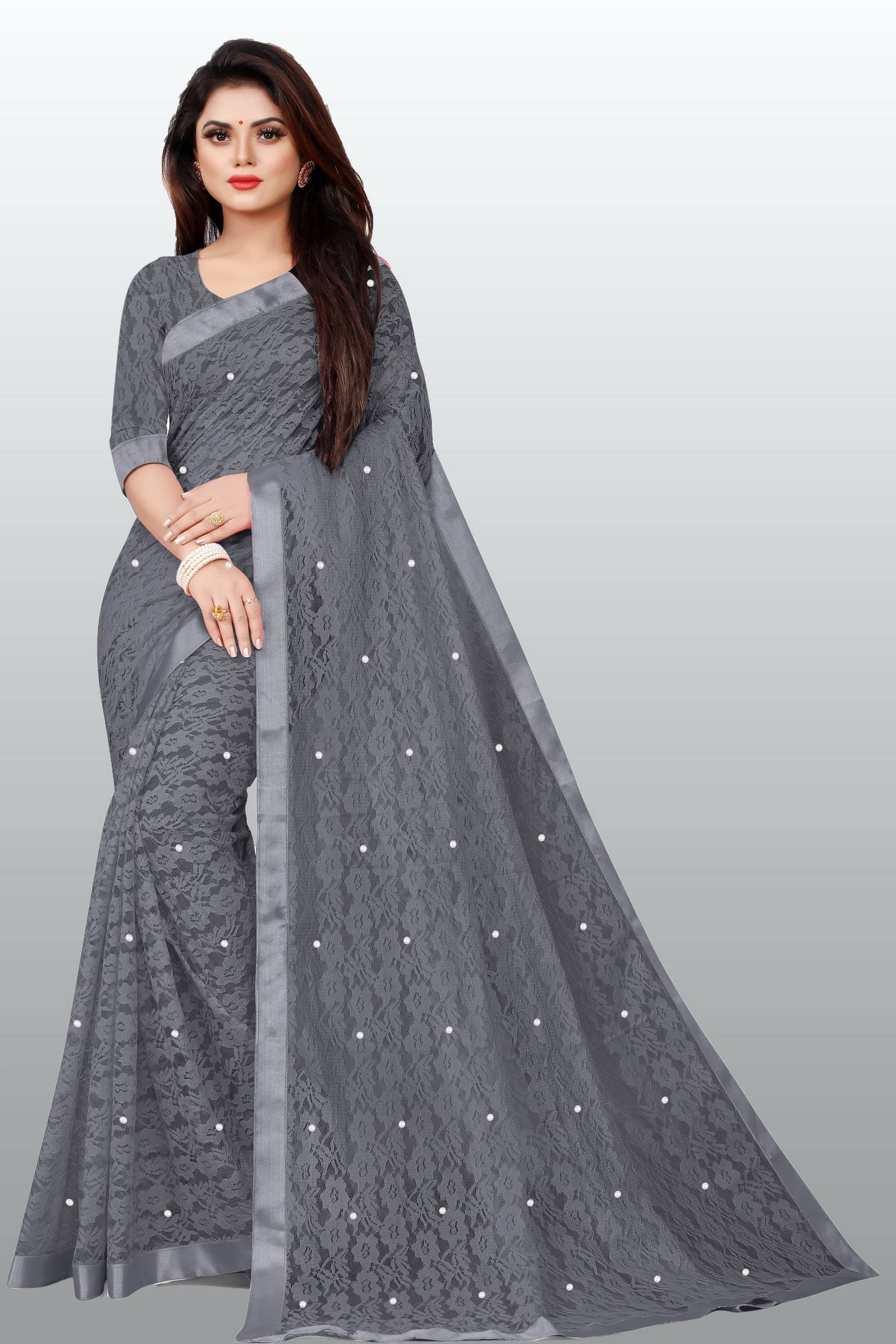 VANRAJ CREATION Net Self Design Saree With Unstitched Blouse Piece ( Grey ) VANRAJ CREATION Net Self Design Saree With Unstitched Blouse Piece ( Grey )