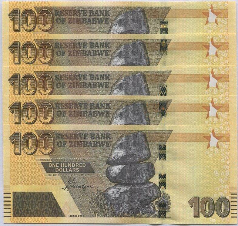     			Zimbabwe 100 Dollars Serial 5 Notes in Gem UNC