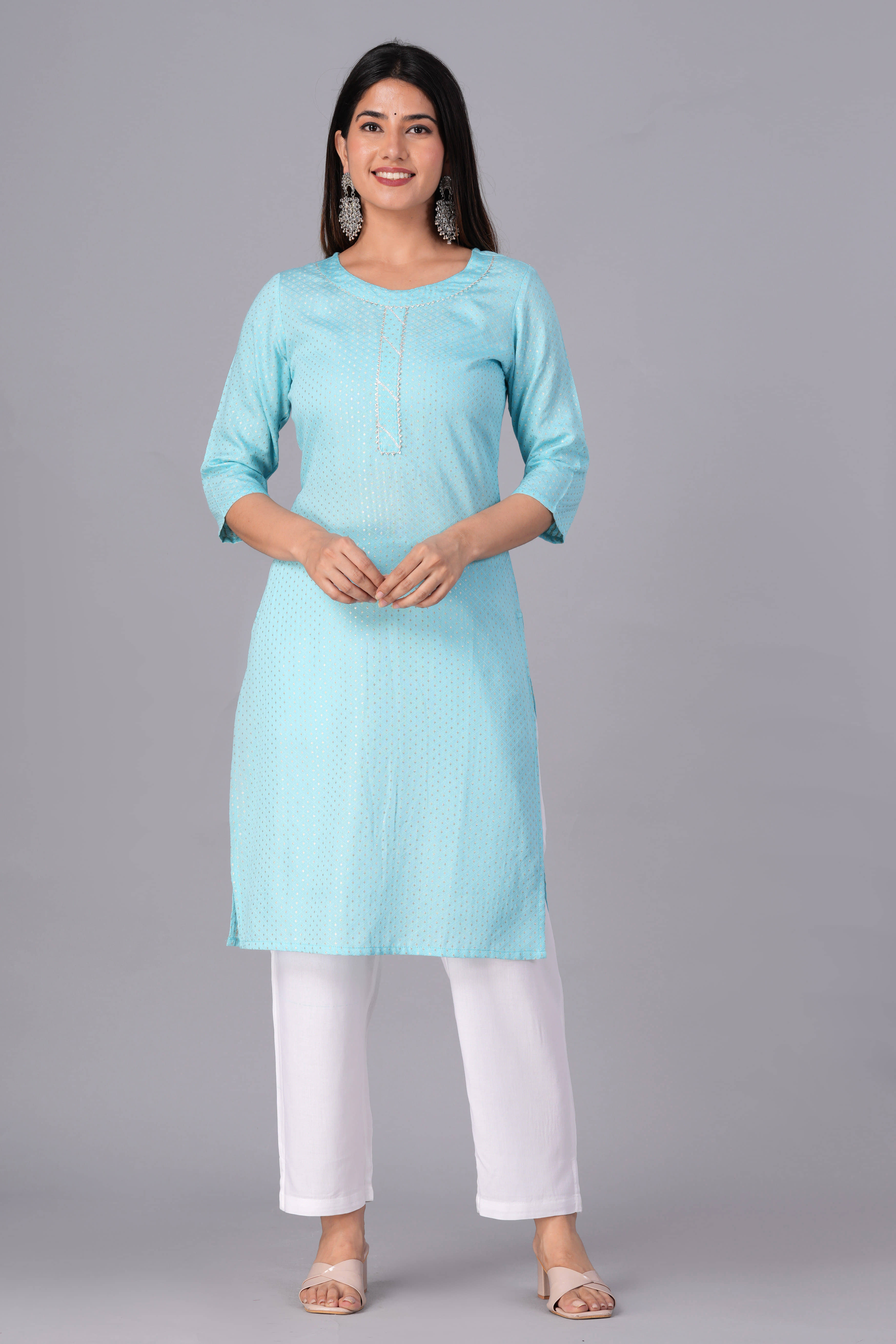Doriya Cotton Blend Printed Kurti With Palazzo Women's Stitched Salwar Suit - Blue ( Pack of 1 )