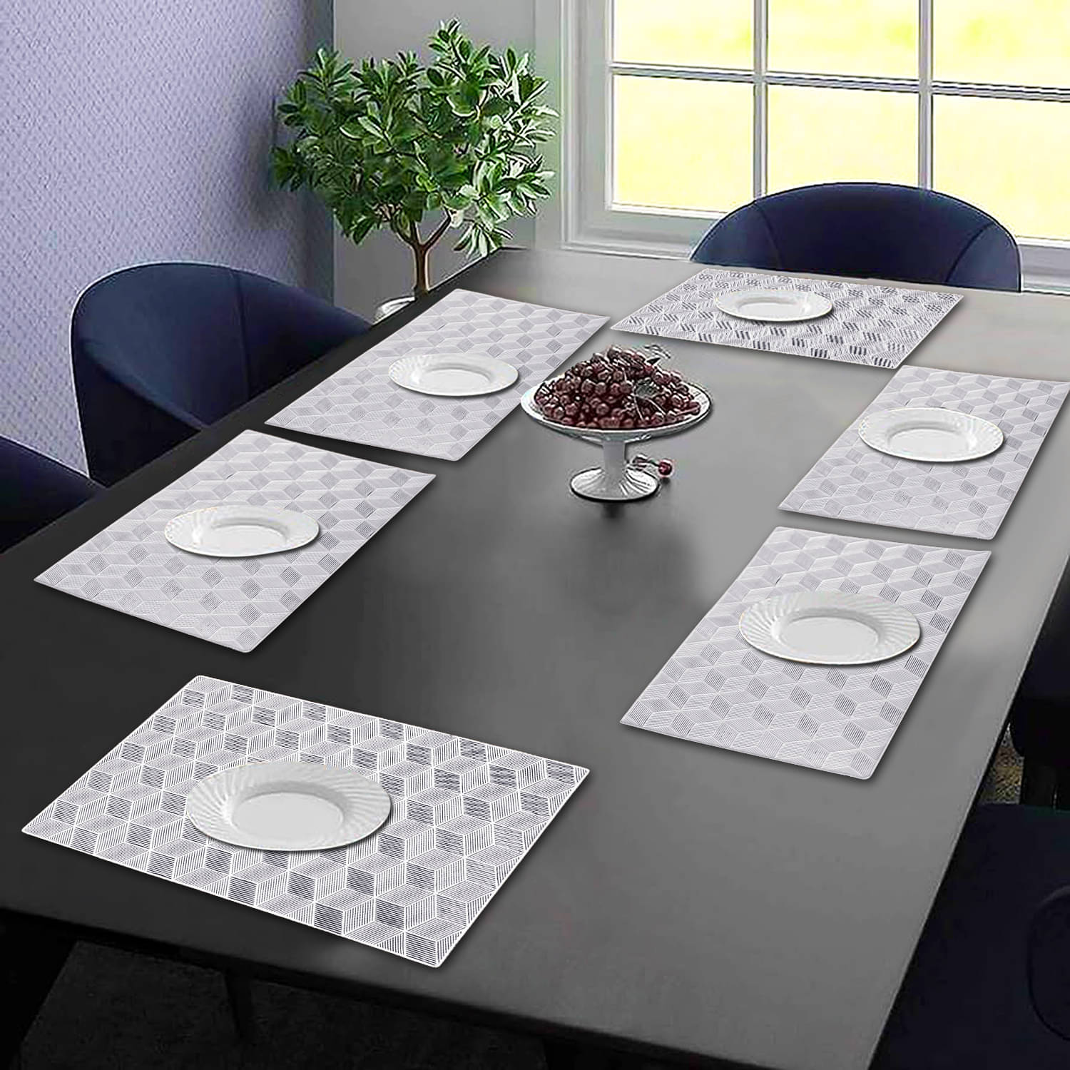 PVC Abstract Printed Rectangle Table Mats ( 45 cm x 30 cm ) Pack of 6 - Silver PVC Abstract Printed Rectangle Table Mats ( 45 cm x 30 cm ) Pack of 6 - Silver