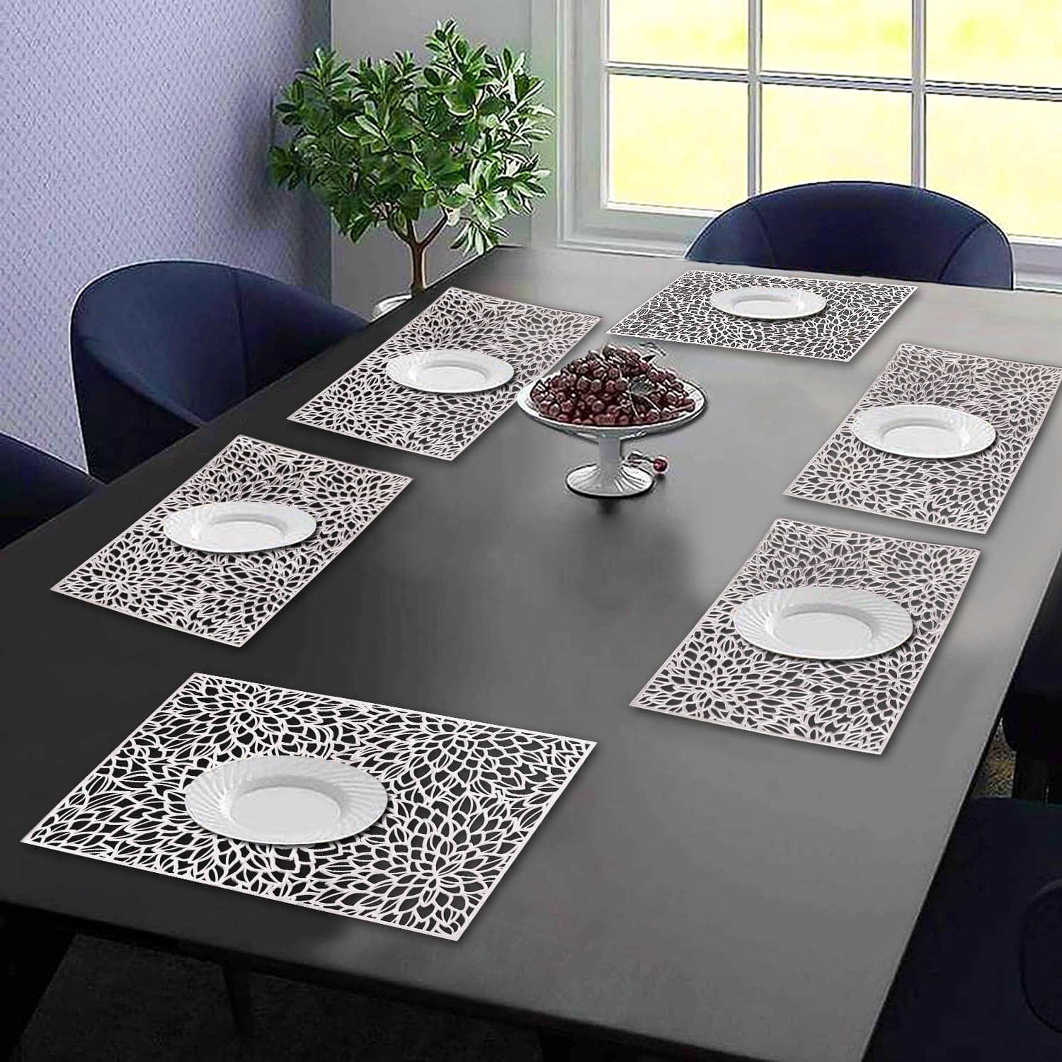 PVC Floral Rectangle Table Mats ( 45 cm x 30 cm ) Pack of 6 - Silver PVC Floral Rectangle Table Mats ( 45 cm x 30 cm ) Pack of 6 - Silver