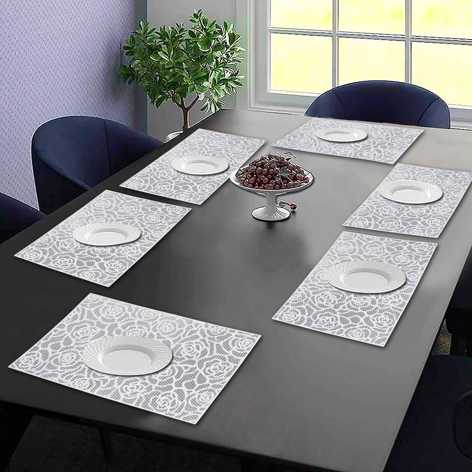     			PVC Floral Rectangle Table Mats ( 45 cm x 30 cm ) Pack of 6 - Silver
