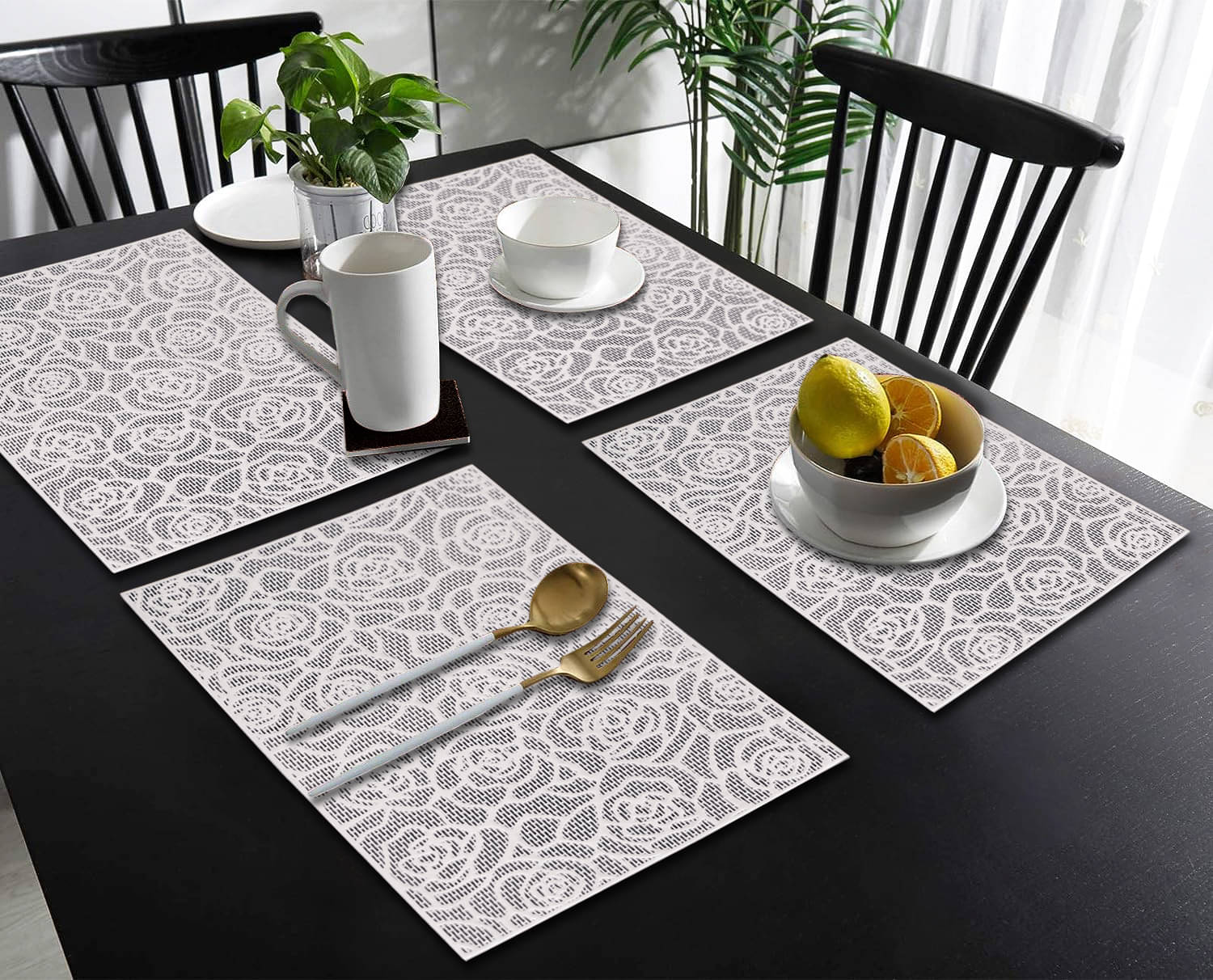PVC Floral Rectangle Table Mats ( 45 cm x 30 cm ) Pack of 4 - Silver PVC Floral Rectangle Table Mats ( 45 cm x 30 cm ) Pack of 4 - Silver