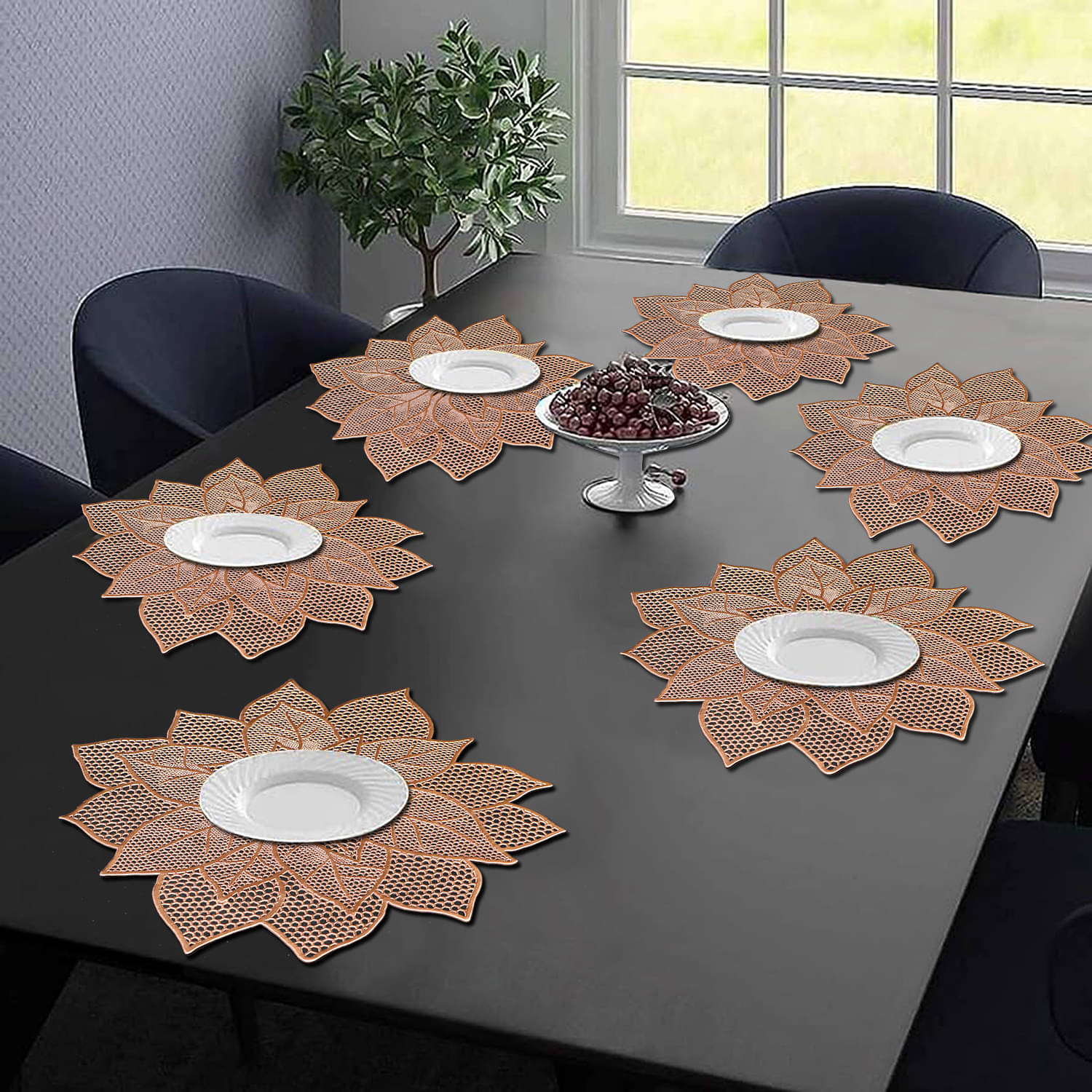     			PVC Floral Round Table Mats ( 47 cm x 47 cm ) Pack of 6 - Brown