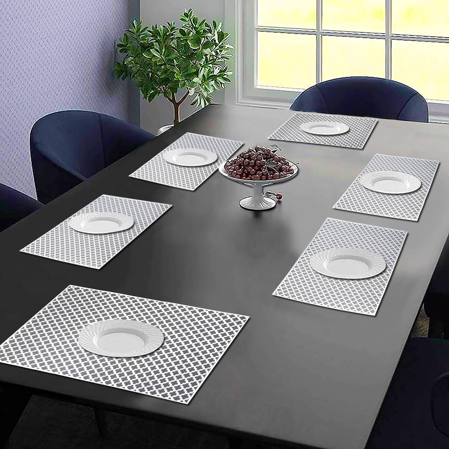 PVC Geometric Rectangle Table Mats ( 45 cm x 30 cm ) Pack of 6 - Silver     			PVC Geometric Rectangle Table Mats ( 45 cm x 30 cm ) Pack of 6 - Silver
