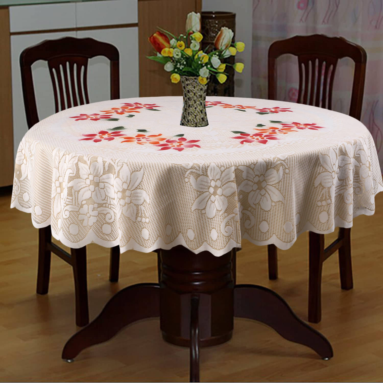 Self Design Cotton 4 Seater Round Table Cover ( 152 x 152 ) cm Pack of 1 Cream Self Design Cotton 4 Seater Round Table Cover ( 152 x 152 ) cm Pack of 1 Cream