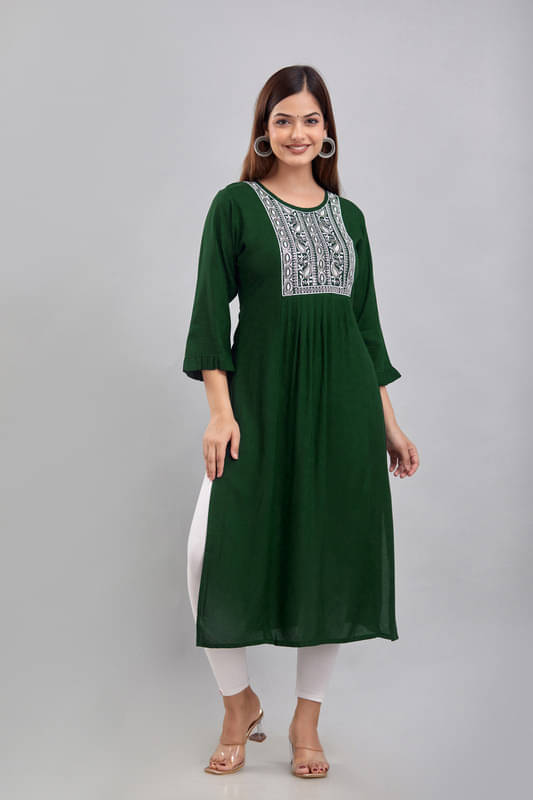     			Kapadia Rayon Embroidered A-line Women's Kurti - Green ( Pack of 1 )