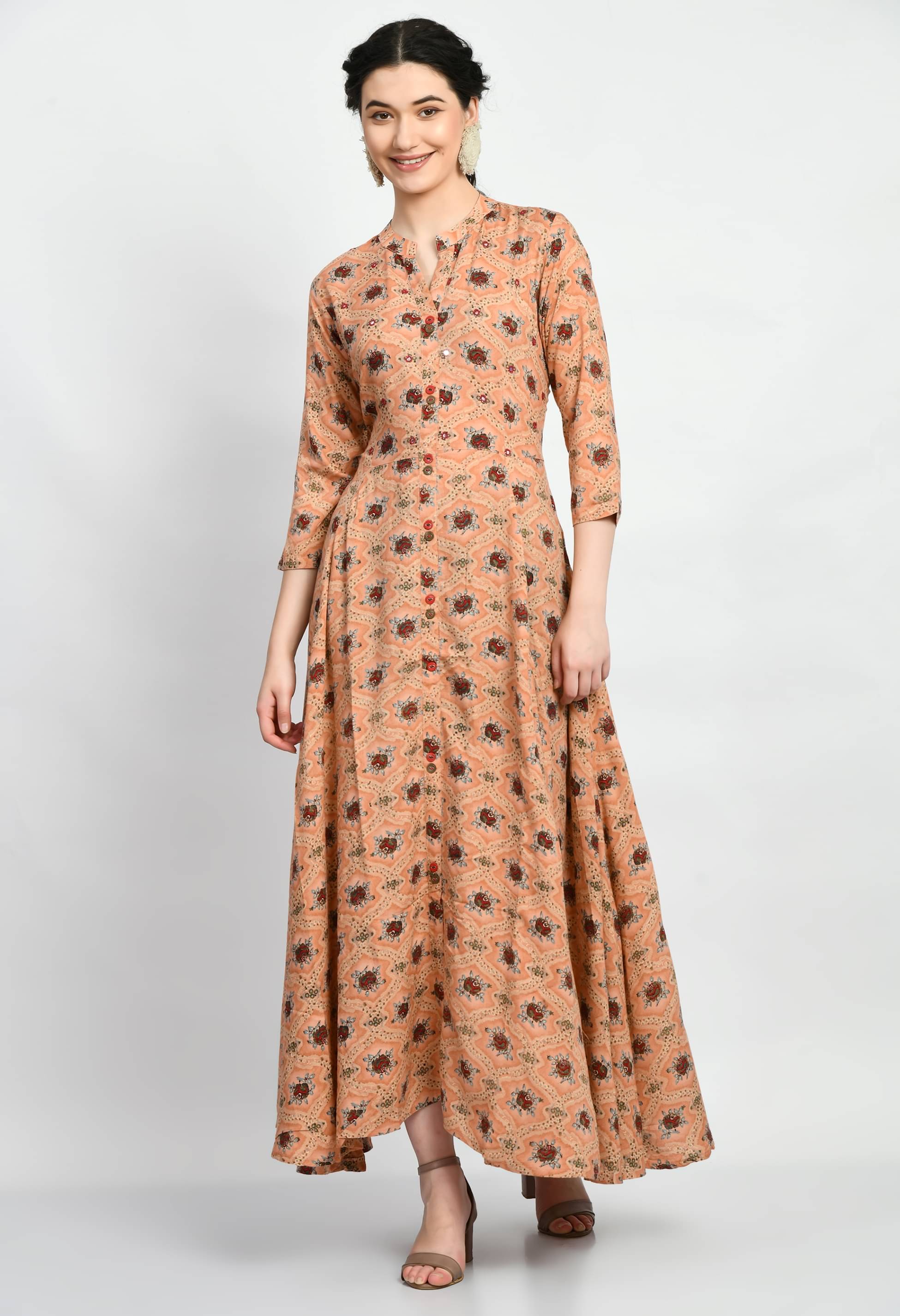     			MAURYA Women Rayon Printed A-line Dress ( Peach )