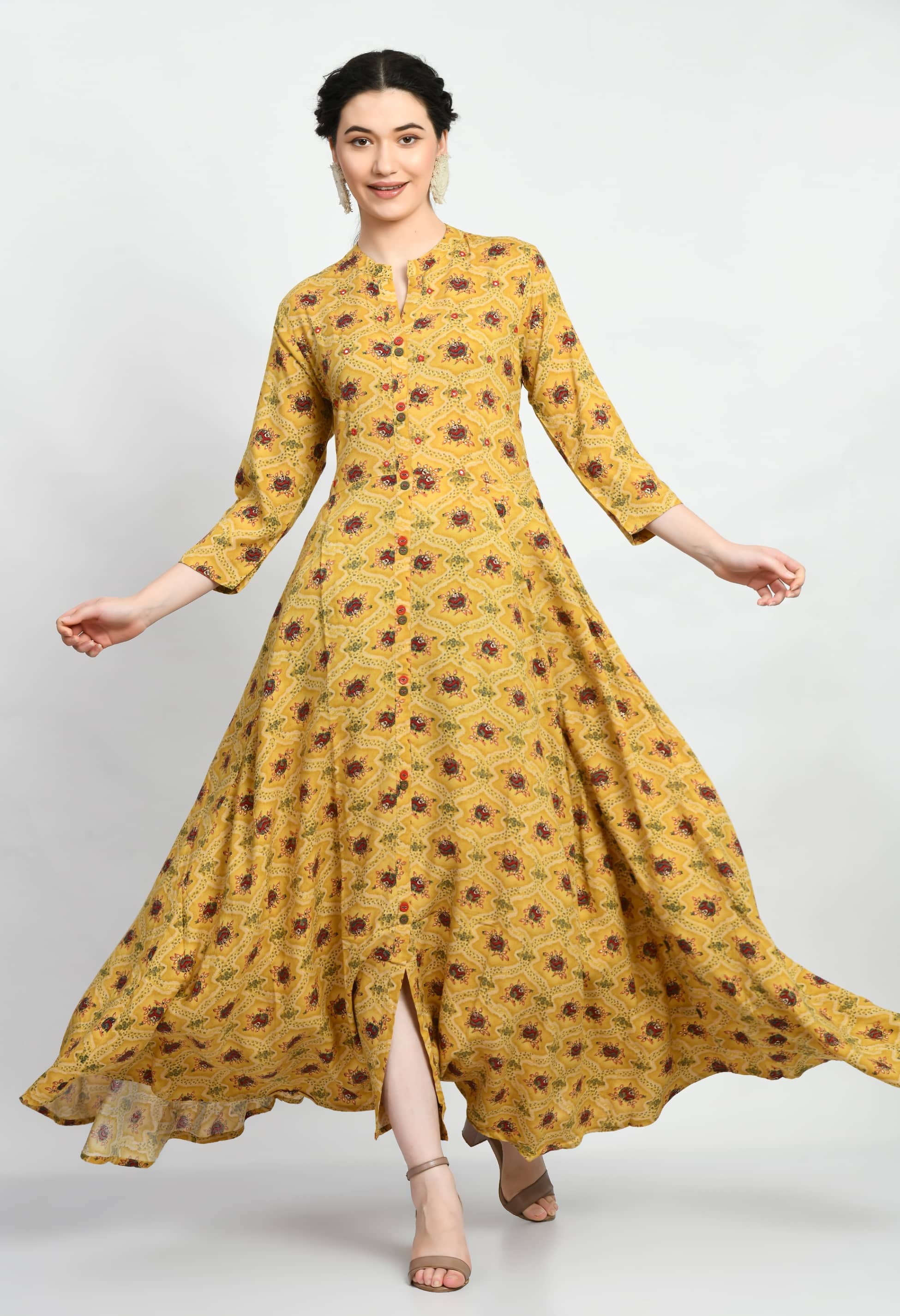 MAURYA Women Rayon Printed A-line Dress ( Mustard )