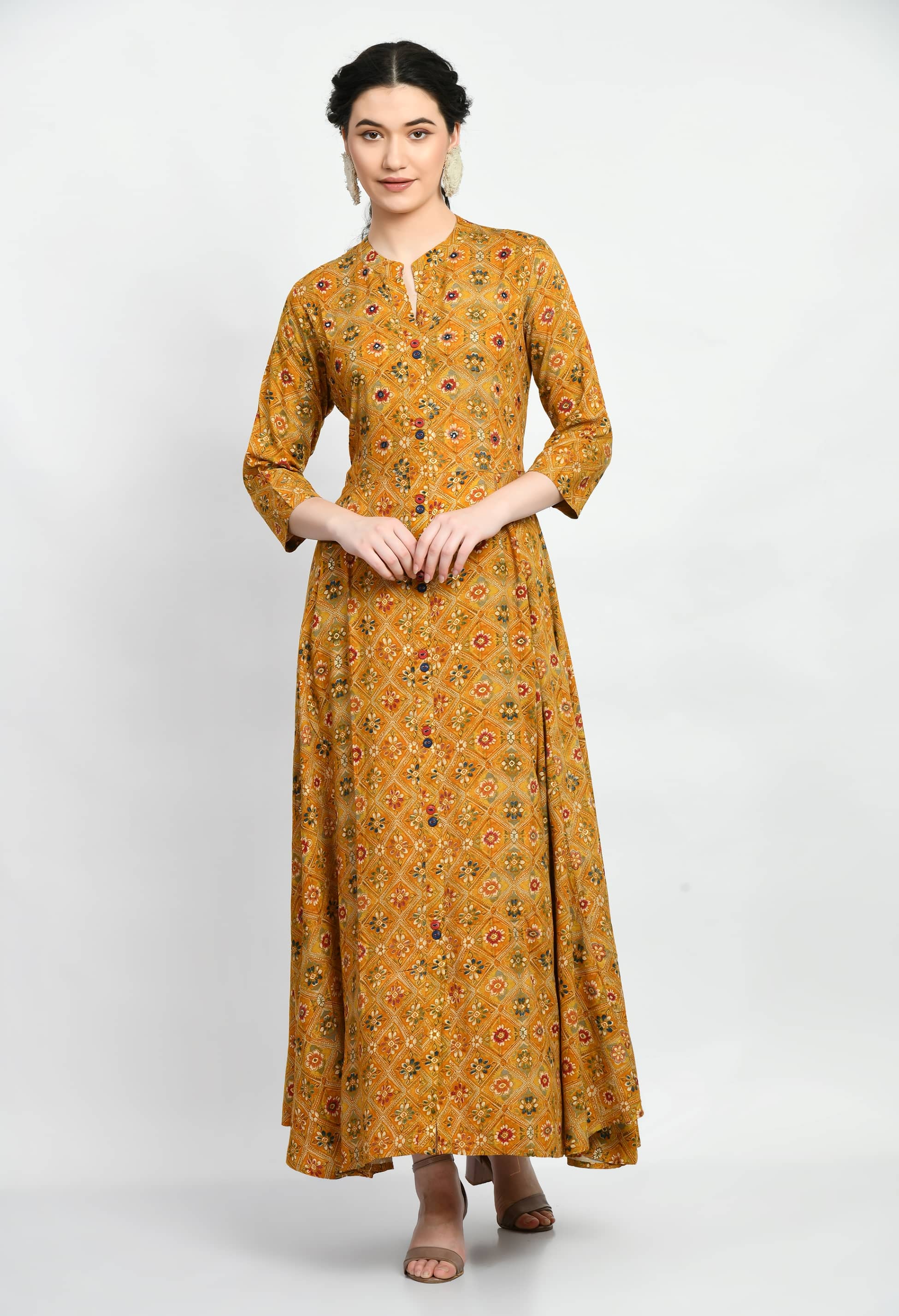 MAURYA Women Rayon Printed Fit & Flare Dress ( Mustard )