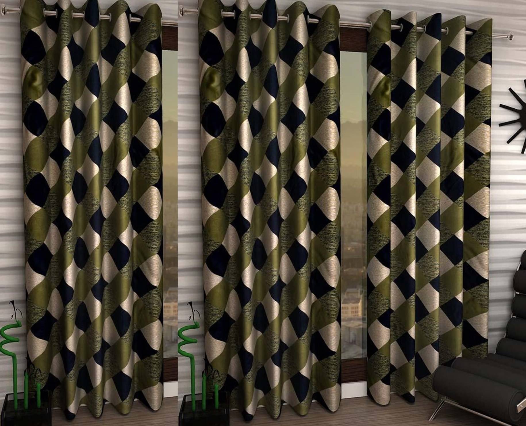     			N2C Home Abstract Semi-Transparent Eyelet Curtain 5 ft ( Pack of 3 ) - Green
