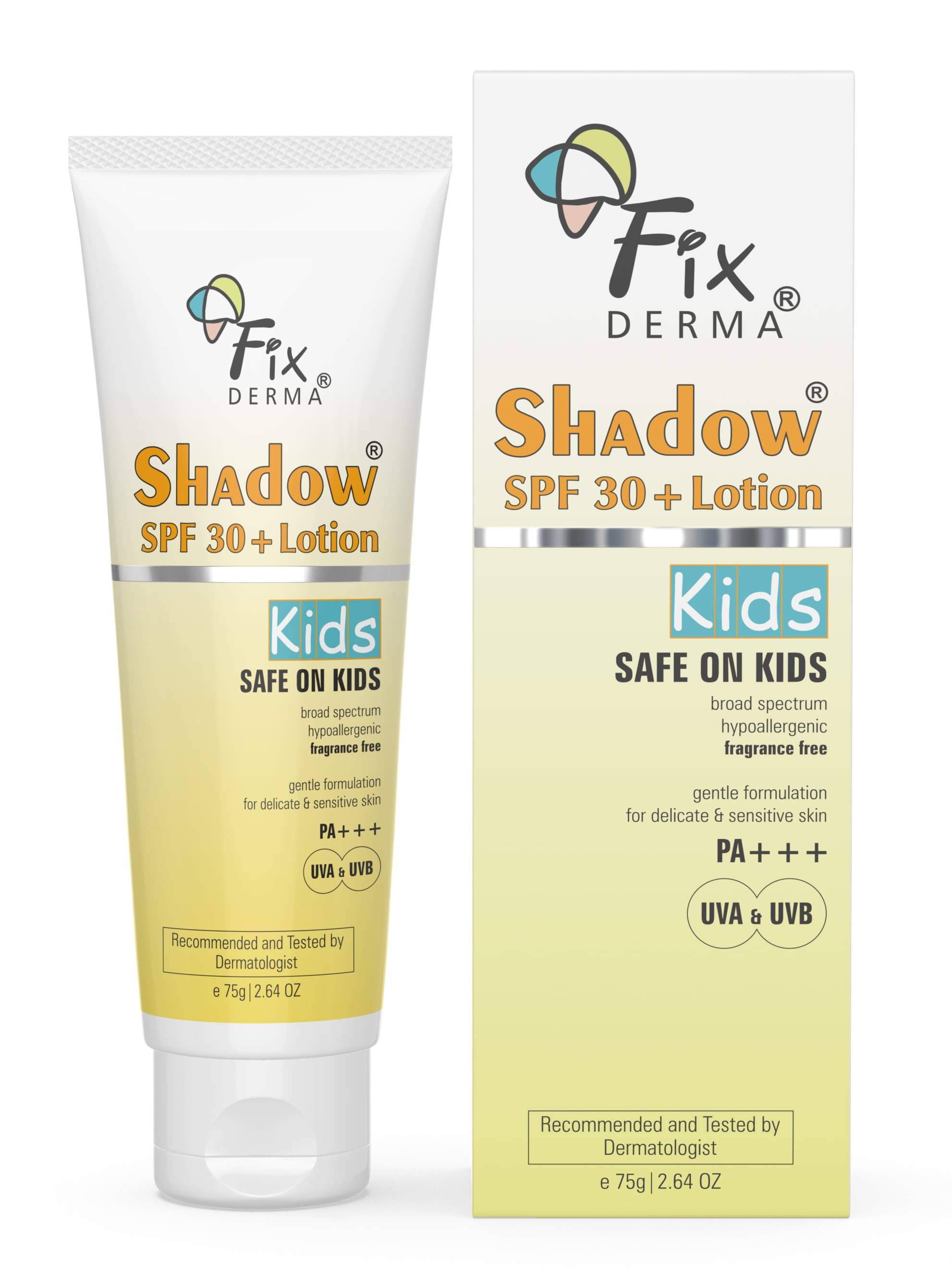 Fixderma Shadow Sunscreen SPF 30+ Lotion for Kids, Kids Sunscreen, UVA & UVB Protection, 75g Fixderma Shadow Sunscreen SPF 30+ Lotion for Kids, Kids Sunscreen, UVA & UVB Protection, 75g