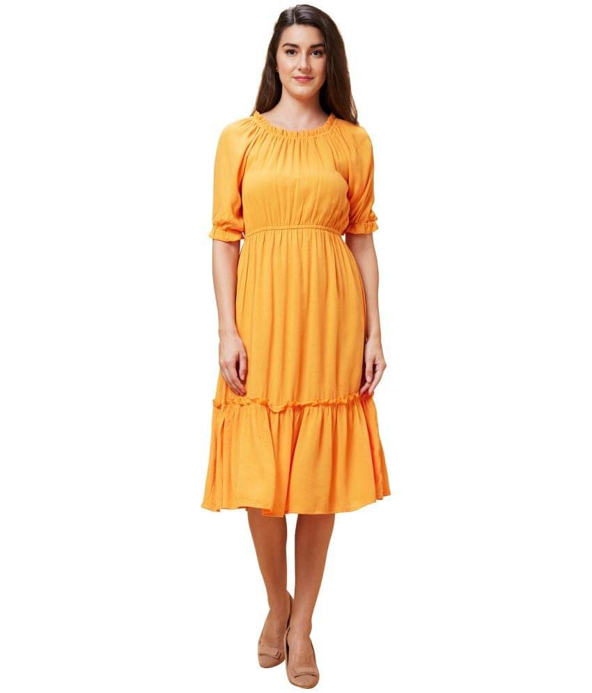     			Globus Viscose Solid Knee Length Women's Fit & Flare Dress - Orange ( Pack of 1 )