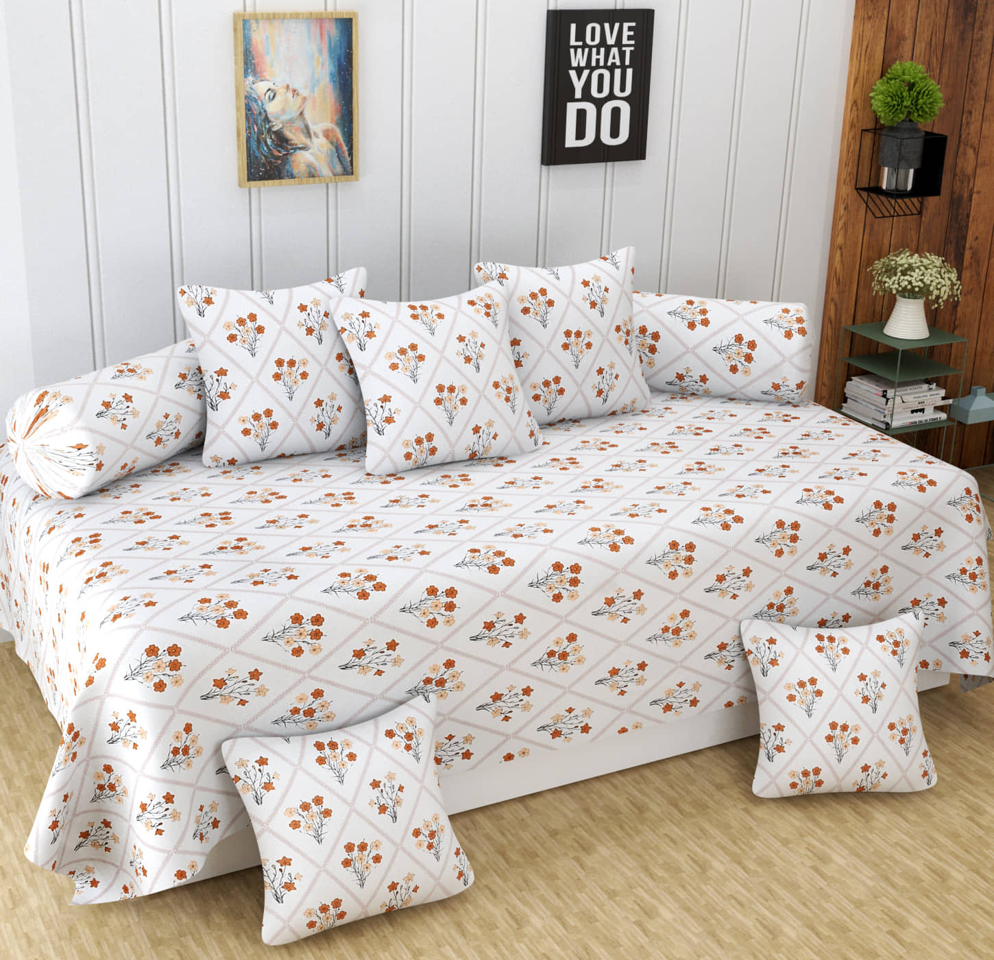 Homefab India Cotton Floral Diwan Set 8 Pcs - White