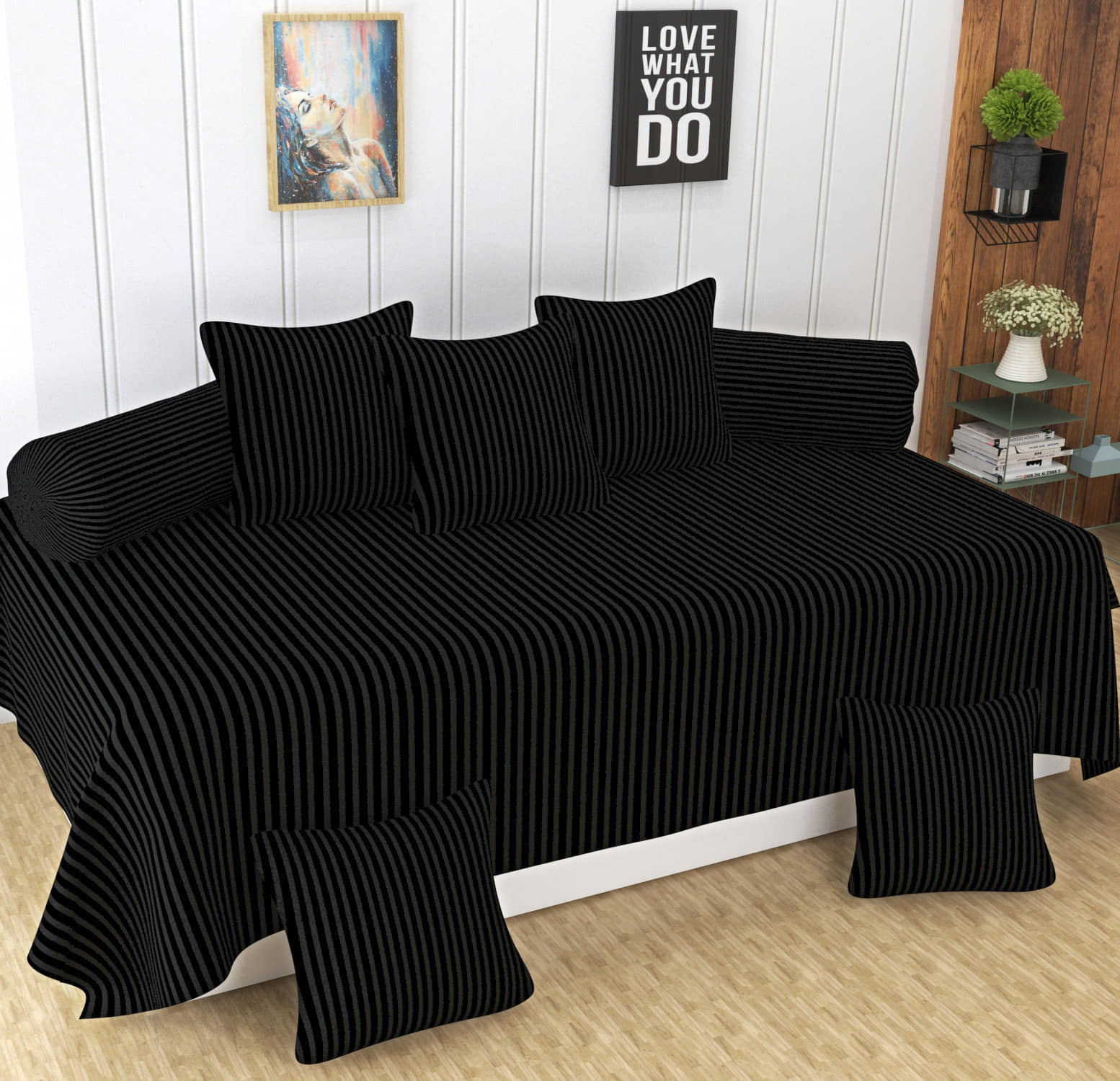Homefab India Cotton Solid Diwan Set 8 Pcs - Black