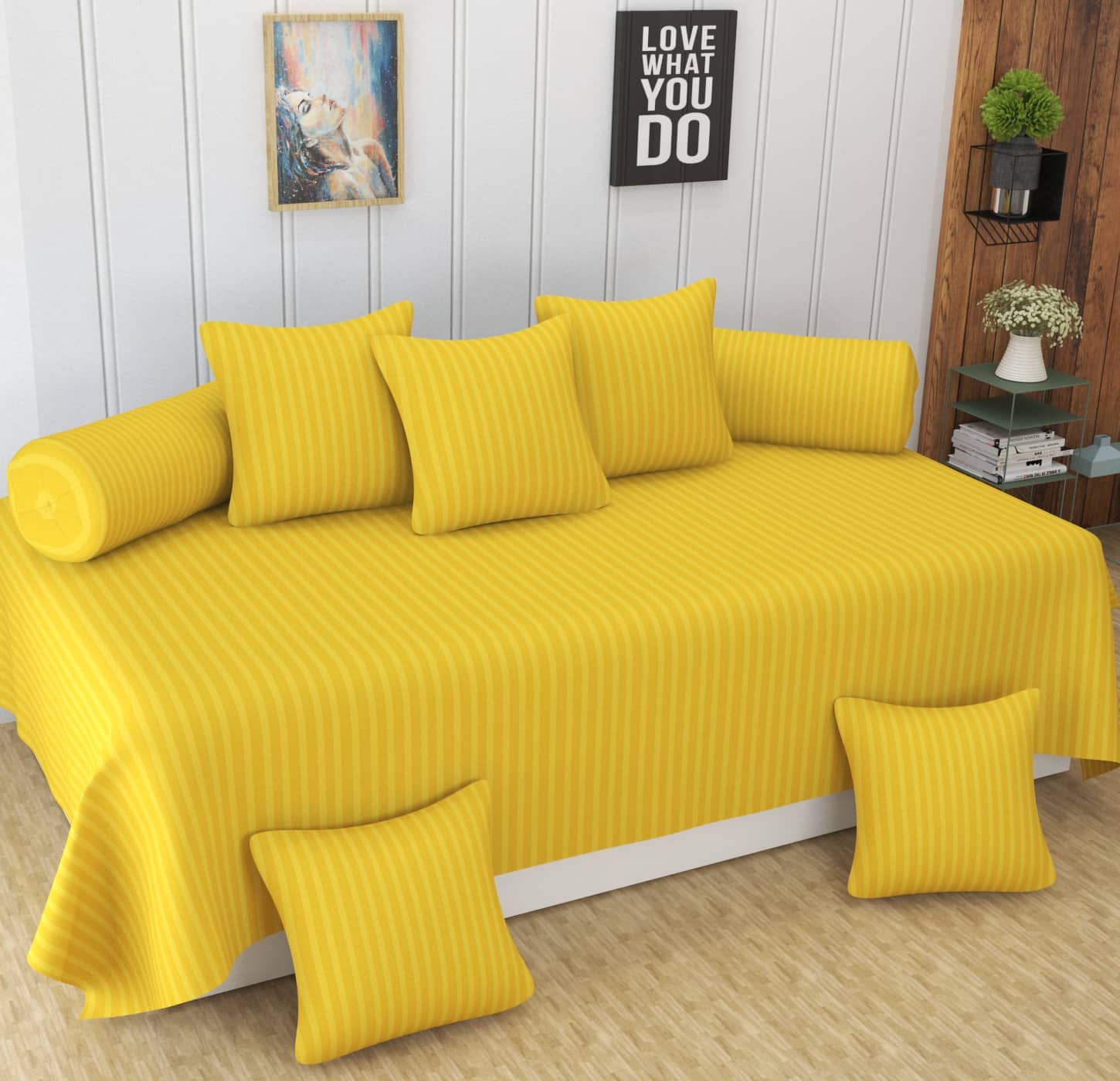 Homefab India Cotton Solid Diwan Set 8 Pcs - Yellow