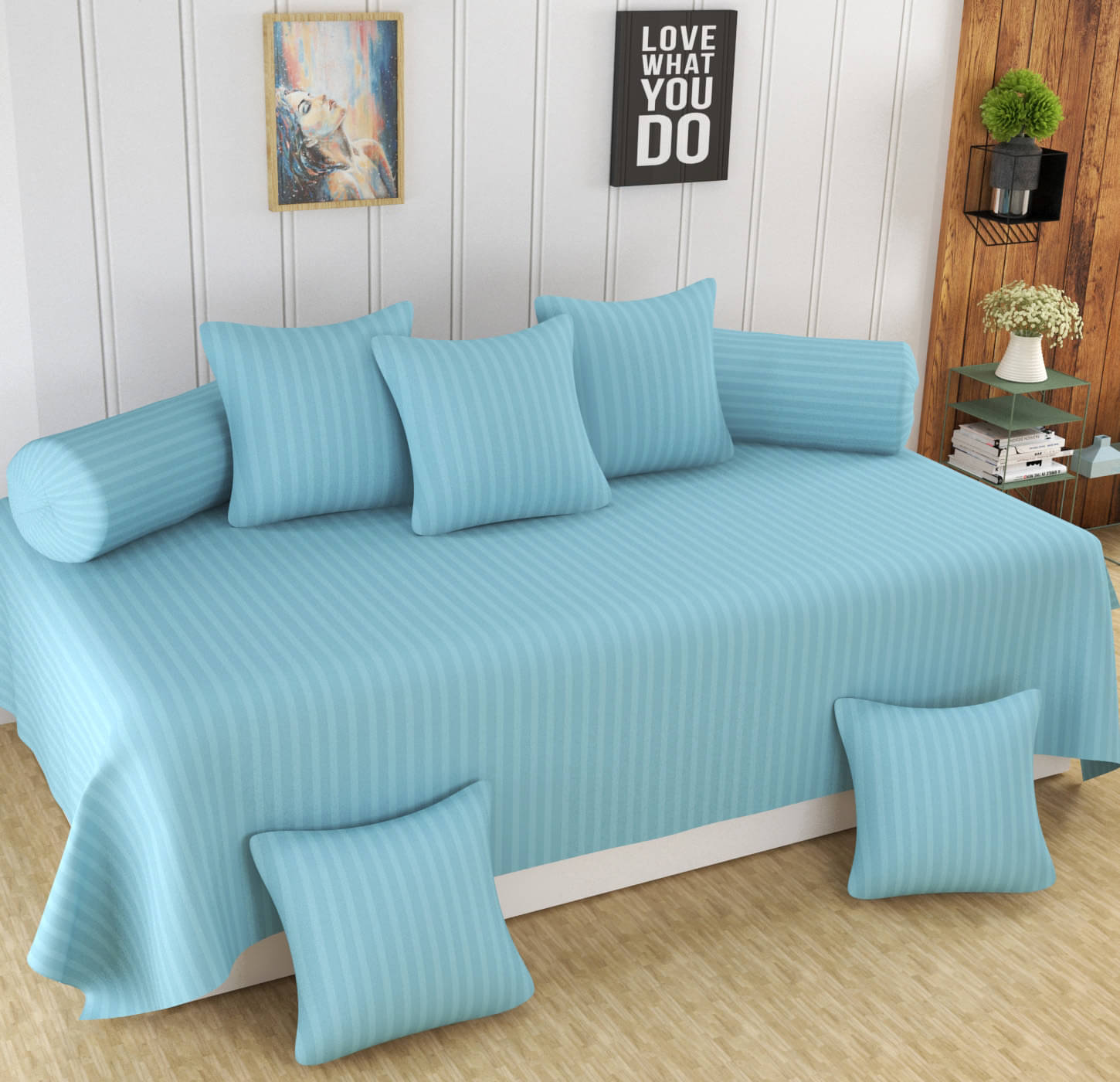    			Homefab India Cotton Solid Diwan Set 8 Pcs - Dark Blue