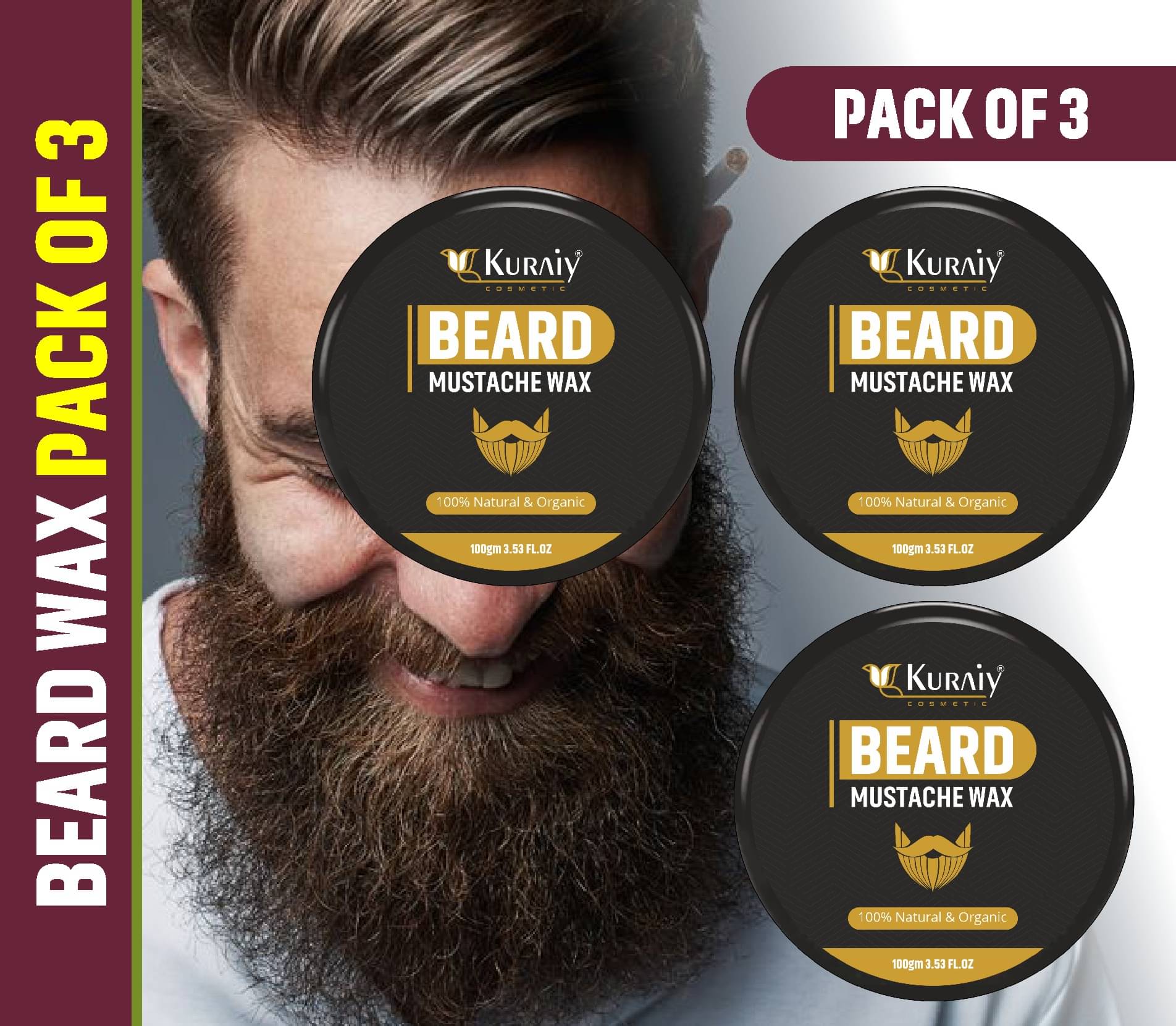 KURAIY Beard Wax Almond & Thyme for beard styling Hair Wax (100 g) Pack of 3 KURAIY Beard Wax Almond & Thyme for beard styling Hair Wax (100 g) Pack of 3
