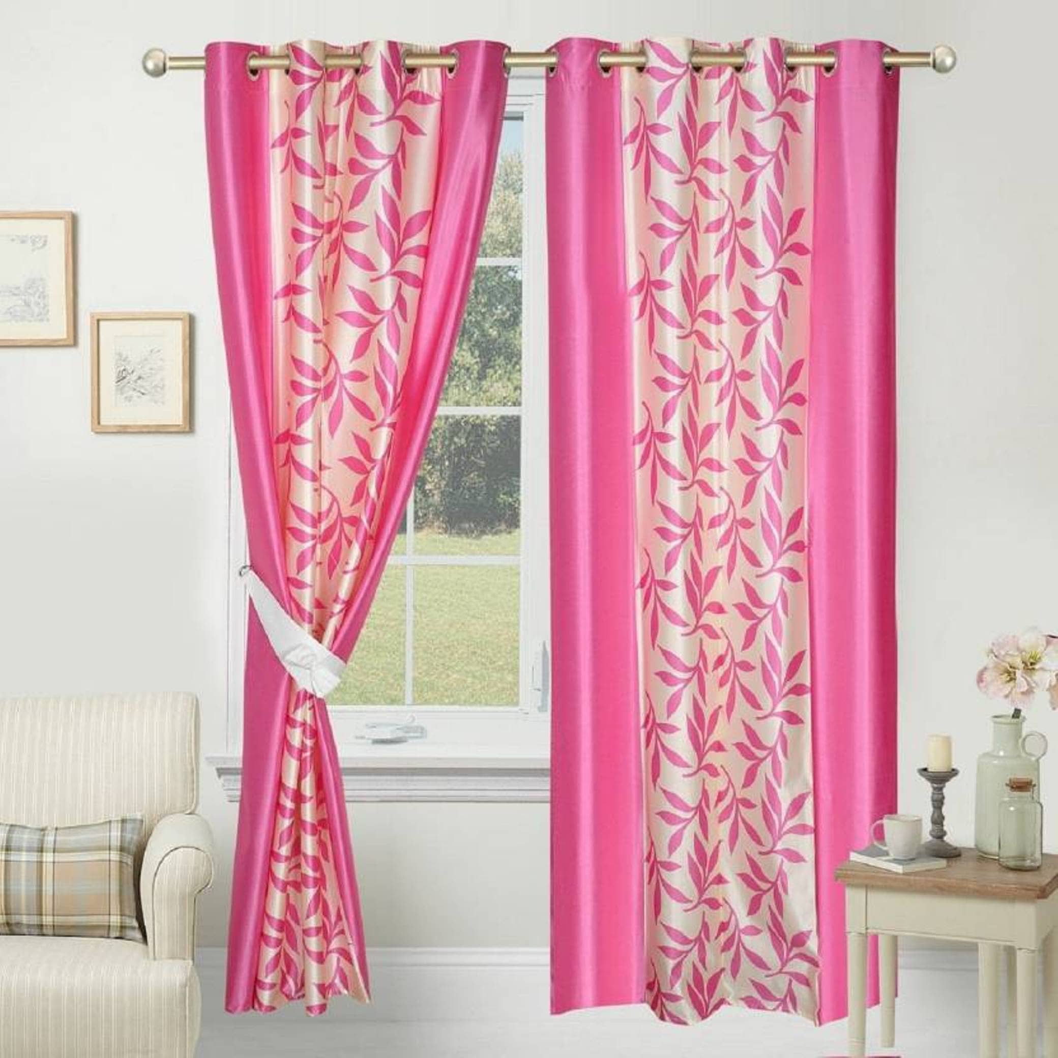 N2C Home Floral Semi-Transparent Eyelet Curtain 7 ft ( Pack of 2 ) - Pink
