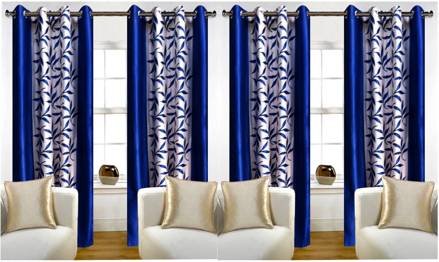 N2C Home Floral Semi-Transparent Eyelet Curtain 7 ft ( Pack of 4 ) - Blue N2C Home Floral Semi-Transparent Eyelet Curtain 7 ft ( Pack of 4 ) - Blue