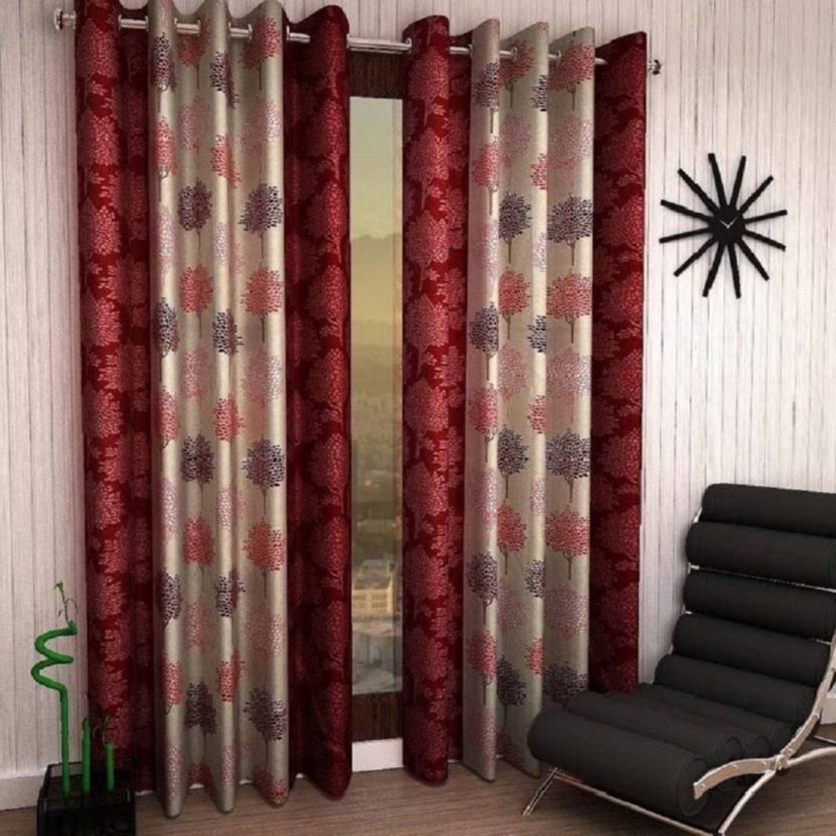 N2C Home Floral Semi-Transparent Eyelet Curtain 5 ft ( Pack of 2 ) - Multicolor