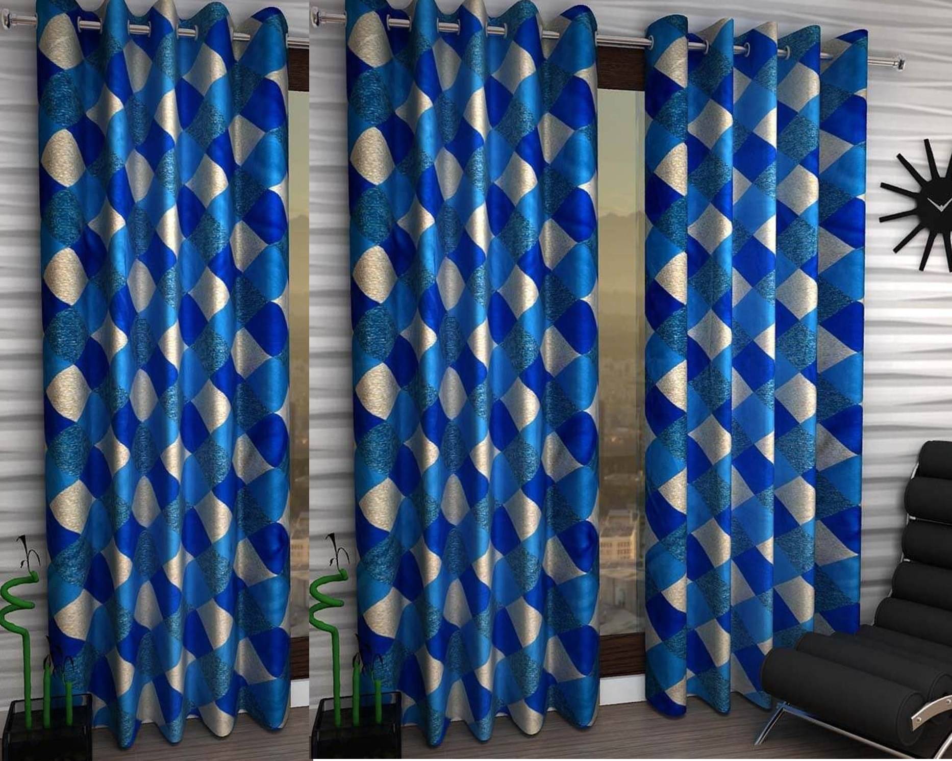 N2C Home Floral Semi-Transparent Eyelet Curtain 5 ft ( Pack of 3 ) - Blue N2C Home Floral Semi-Transparent Eyelet Curtain 5 ft ( Pack of 3 ) - Blue